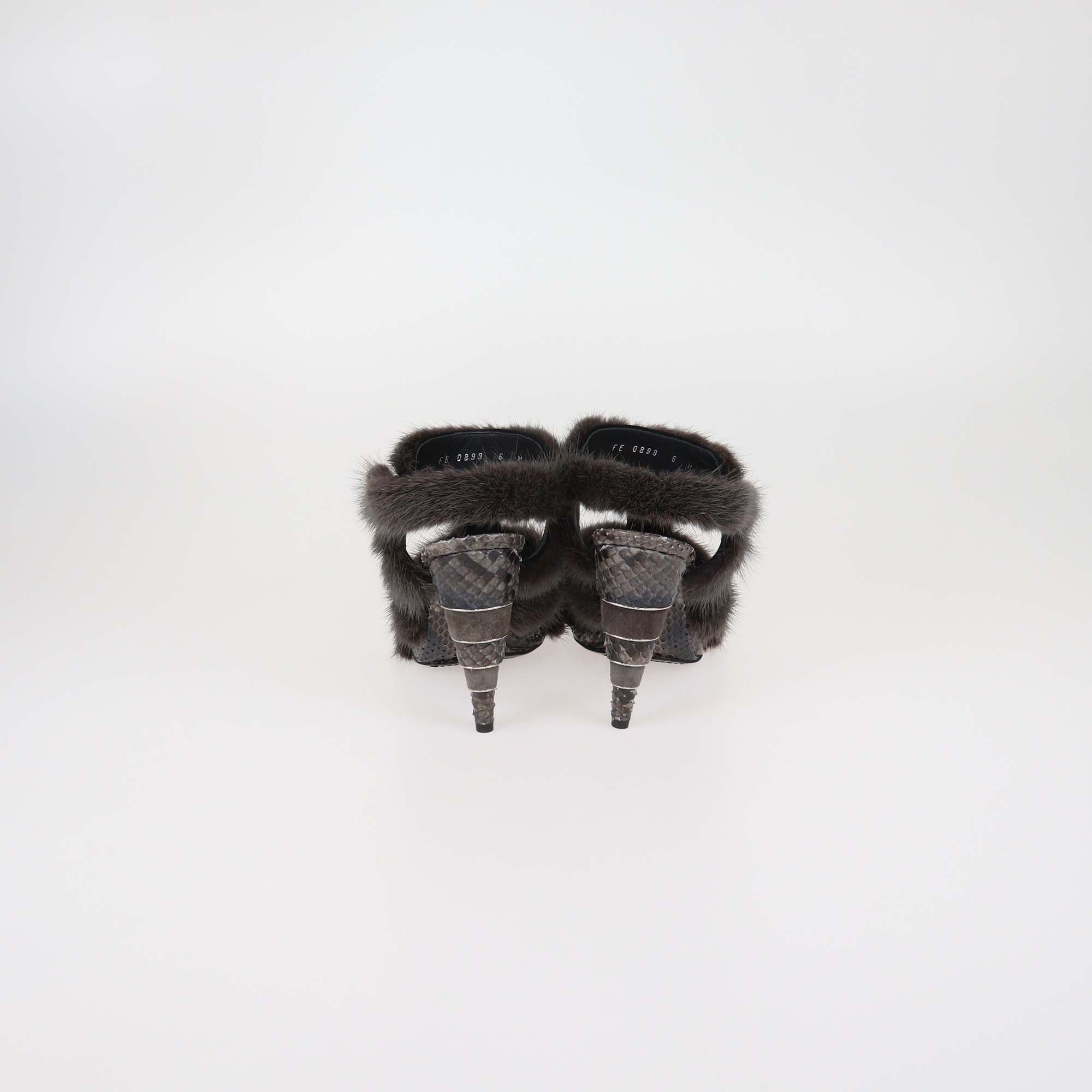 Salvatore Ferragamo Grey Fur & Python Ankle Strap Sandals