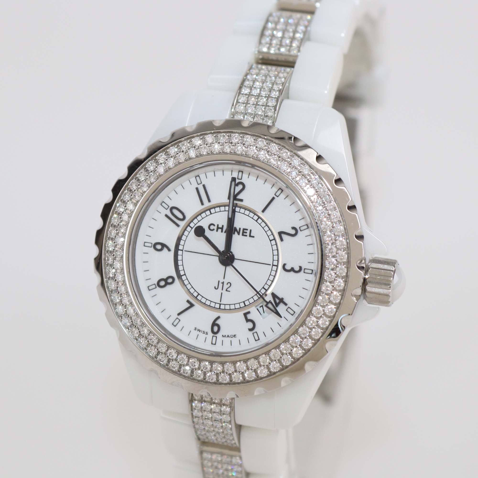 Chanel White Ceramic Stainless Steel Diamond J12 H1420 Women's Wristwatch 33 mm
