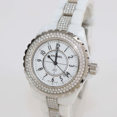 Chanel White Ceramic Stainless Steel Diamond J12 H1420 Women's Wristwatch 33 mm