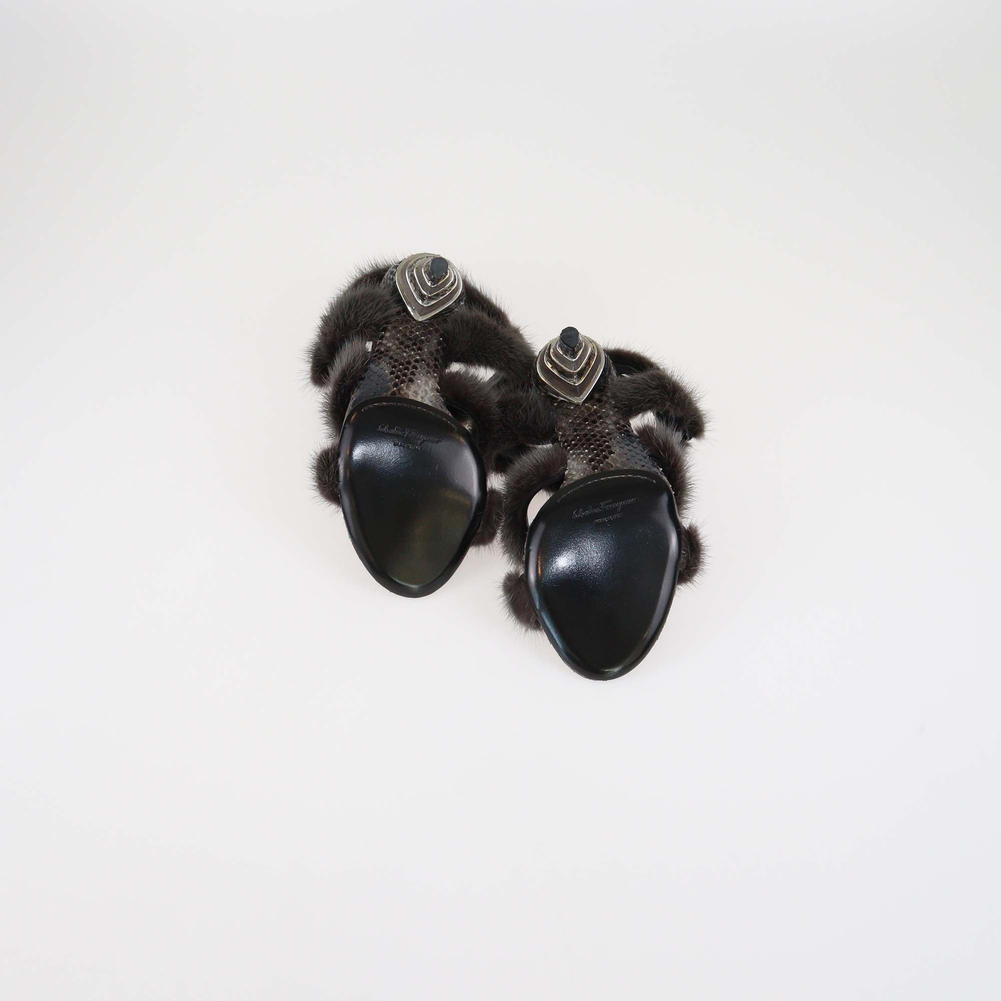 Salvatore Ferragamo Grey Fur & Python Ankle Strap Sandals