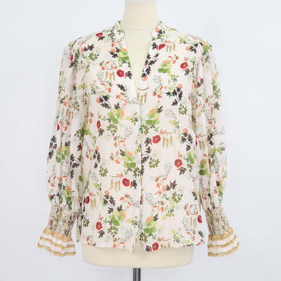 Alice + Olivia Multicolor Cotton and Silk Printed V-Neck Blouse