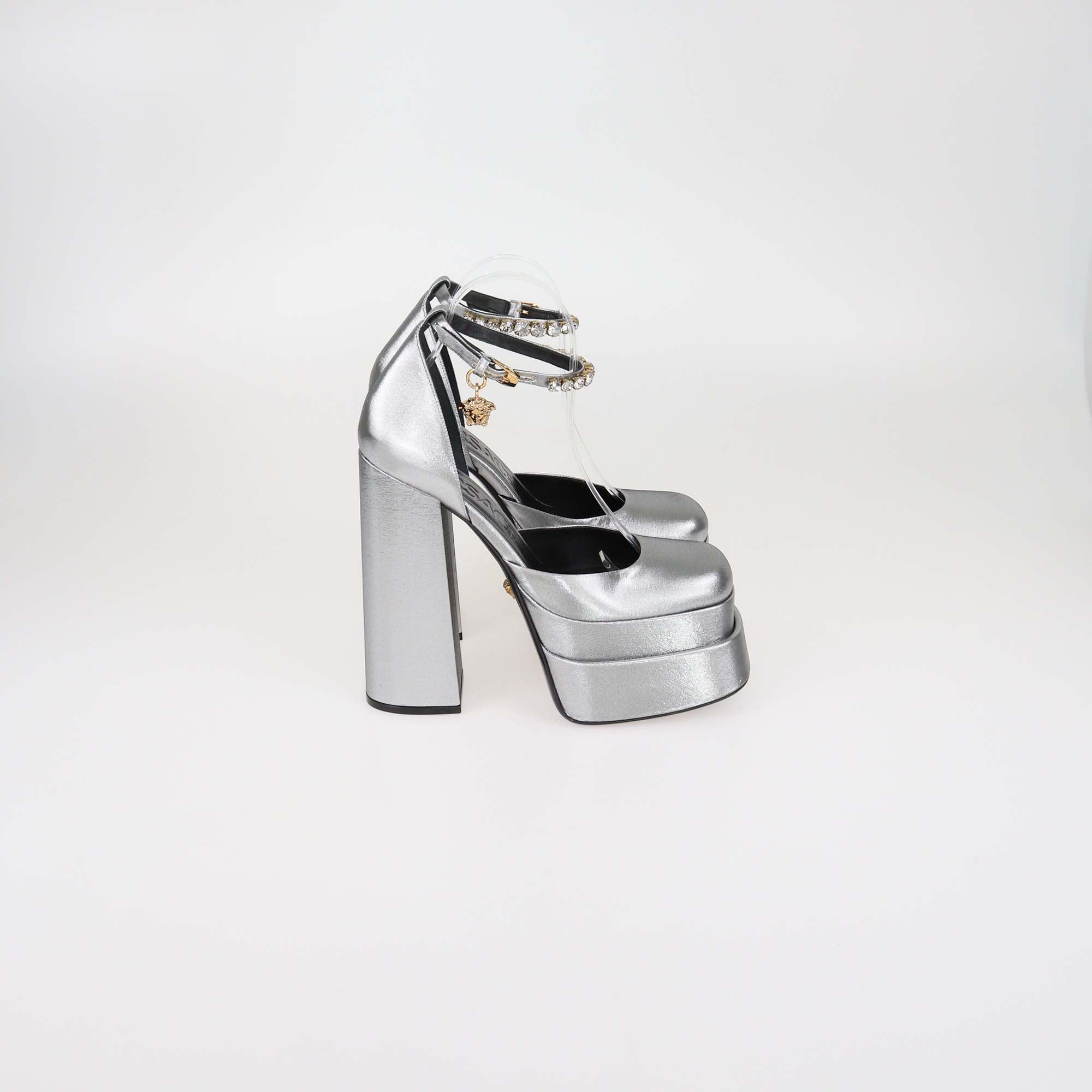 Versace Metallic Grey Shimmering Fabric Aevitas Platform Pumps