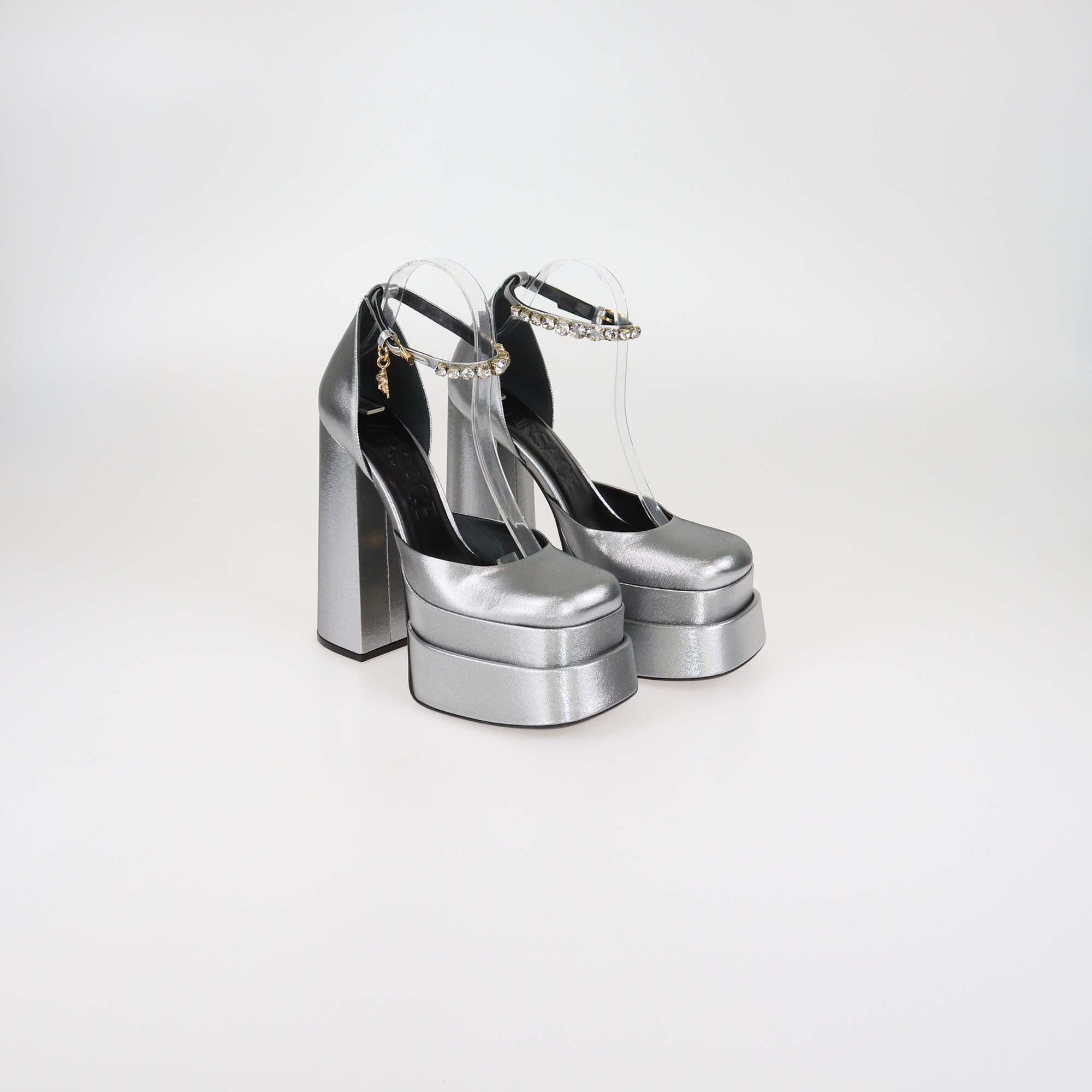 Versace Metallic Grey Shimmering Fabric Aevitas Platform Pumps