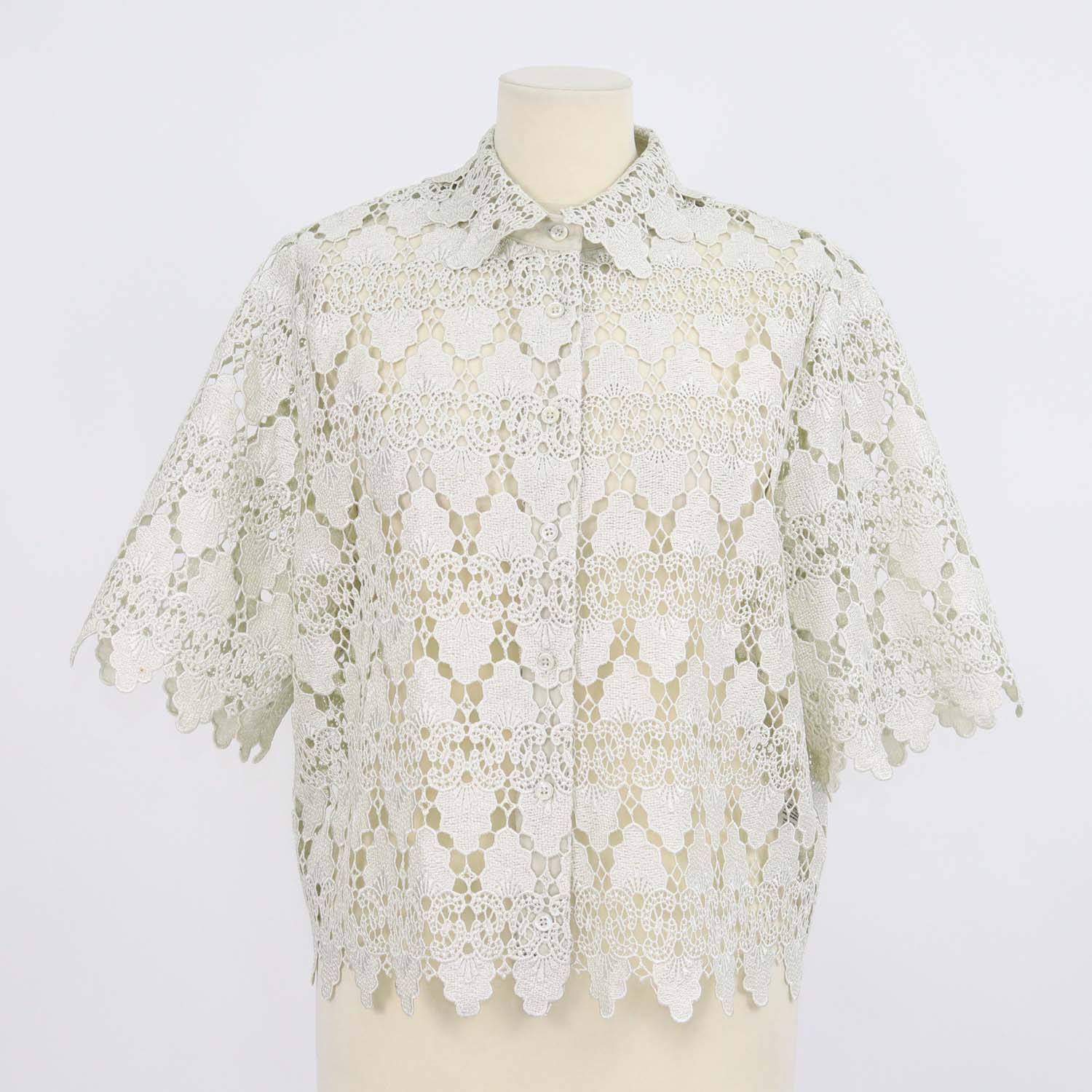 Frame Soft Mint Green Polyester Lace Button-Up Top
