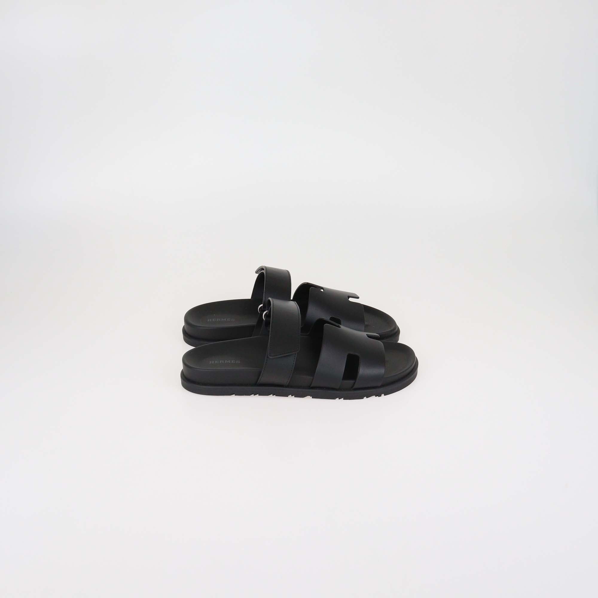 Hermes Black Leather Chypre Sandals