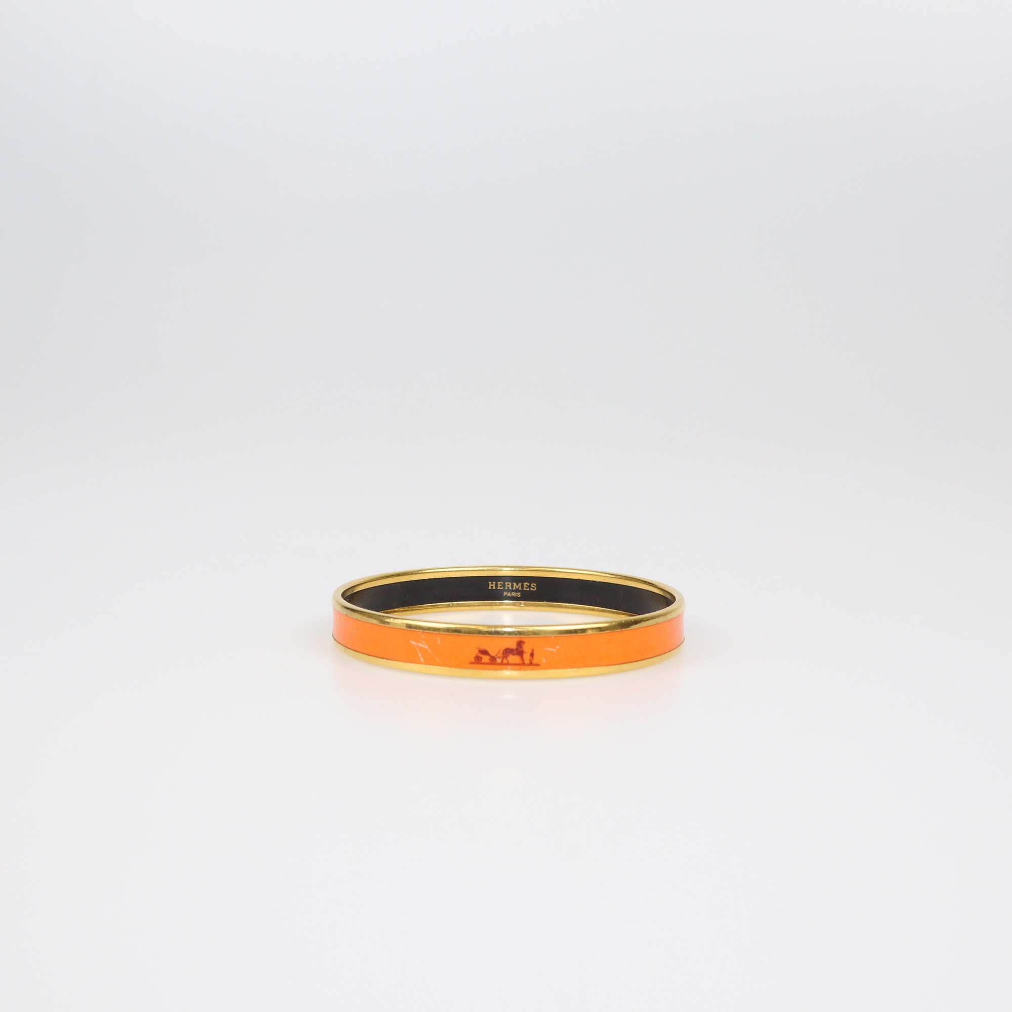 Hermes Orange Enamel Gold Plated Caleche Narrow Bangle Bracelet