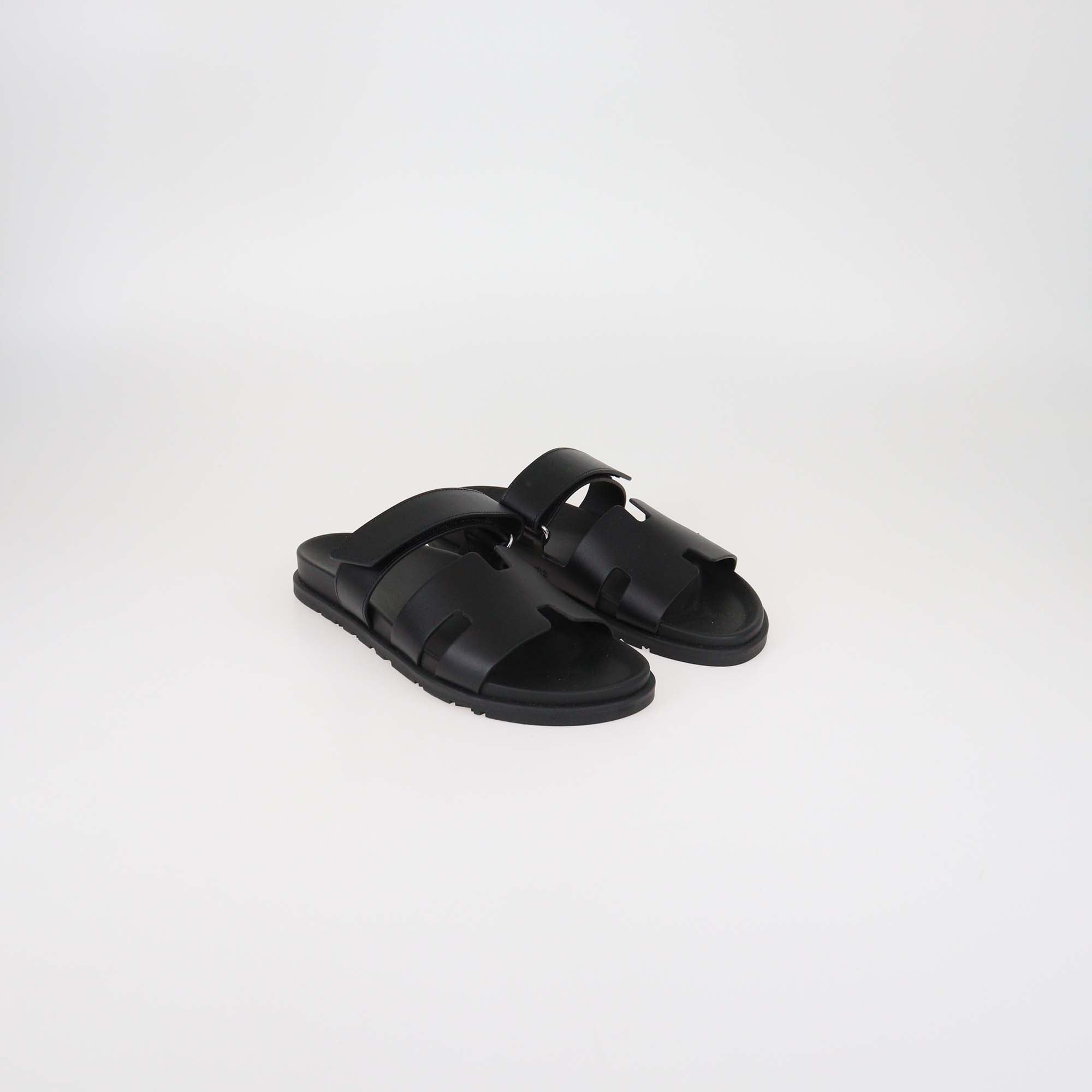 Hermes Black Leather Chypre Sandals