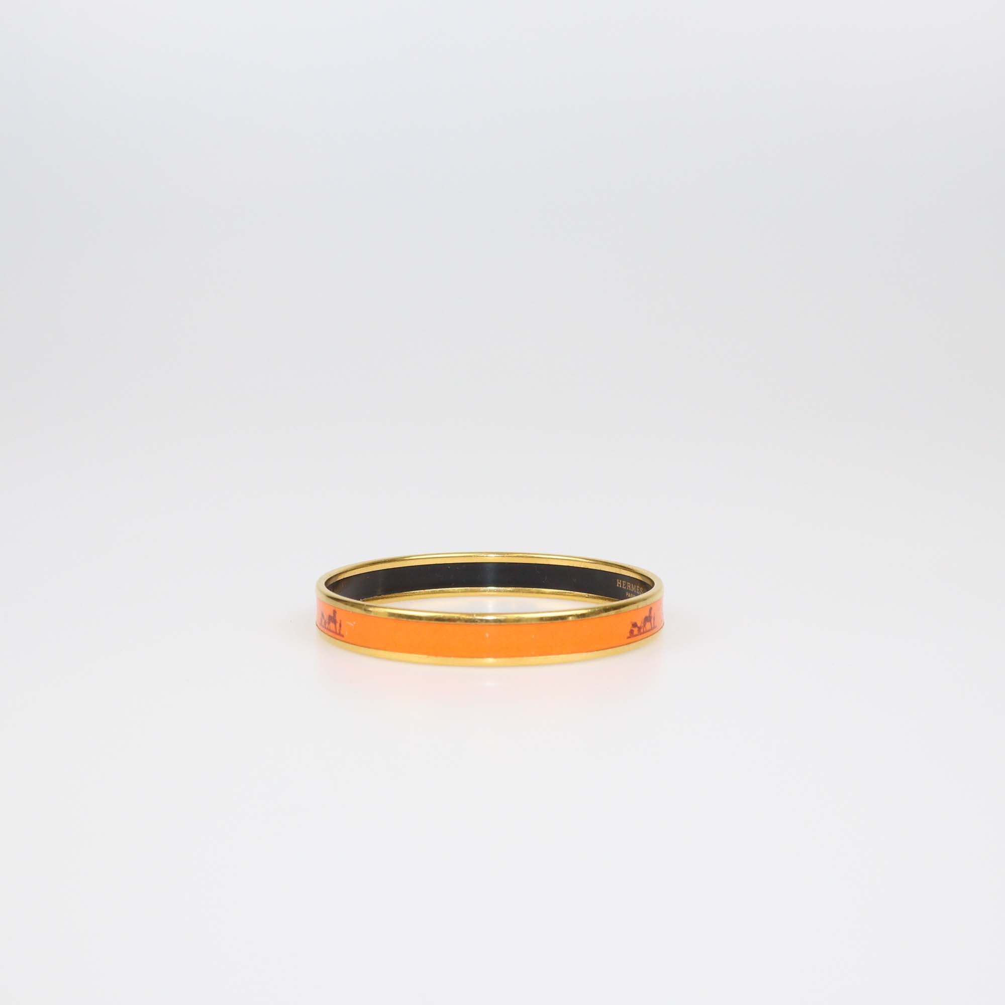 Hermes Orange Enamel Gold Plated Caleche Narrow Bangle Bracelet