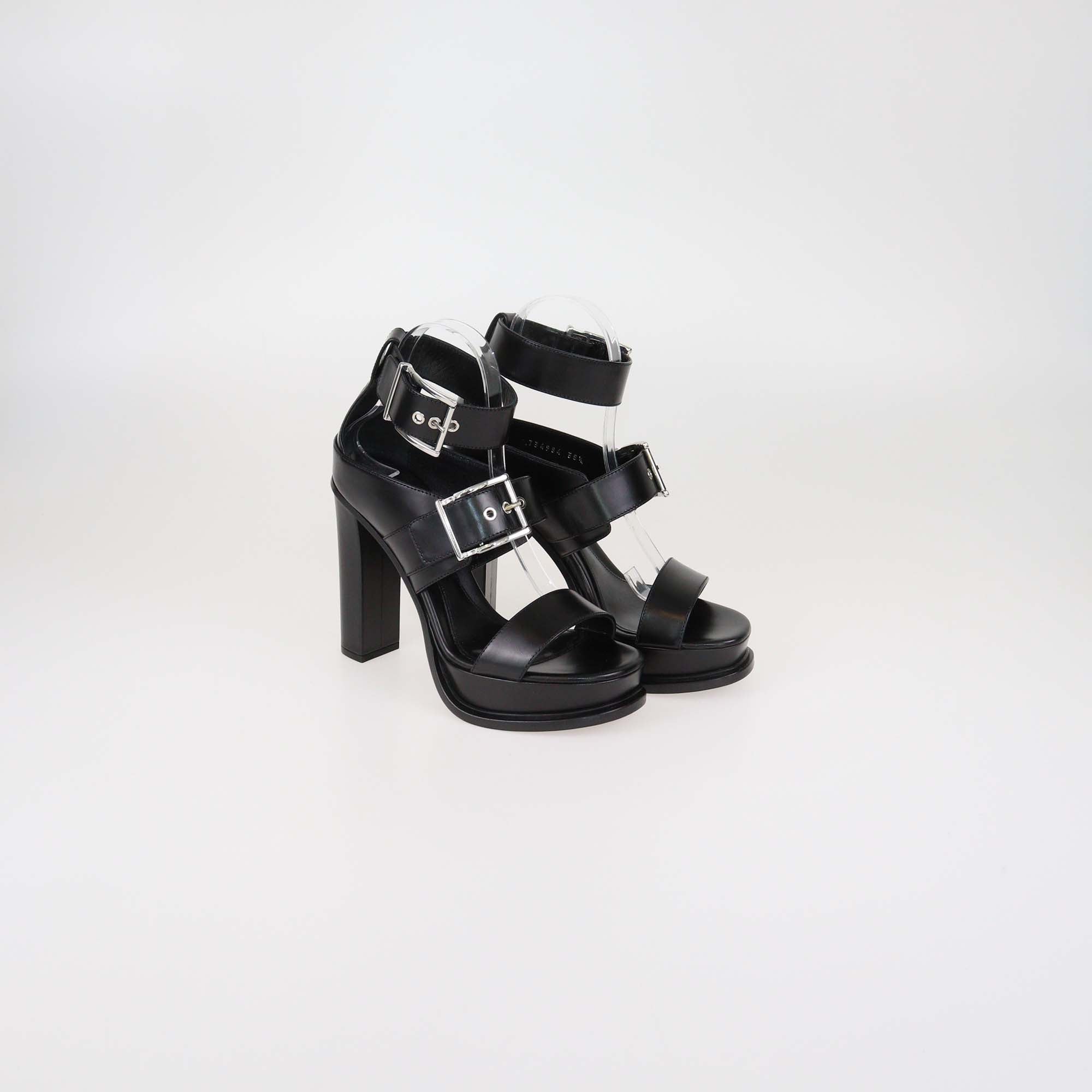 Alexander McQueen Black Leather Platform Buckle Sandals