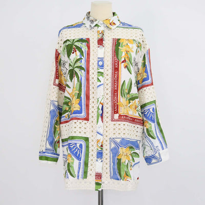 Farm Rio Multicolor Blend Linen Tropical Destination Print Long Sleeve Shirt