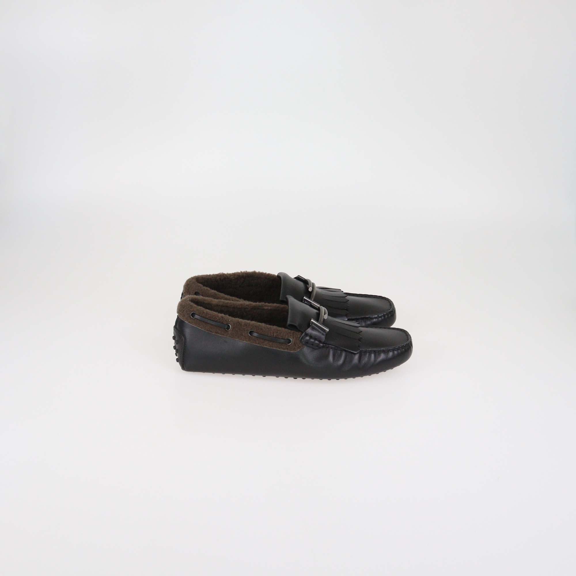 Tod's Black Leather & Fur Double T Loafers