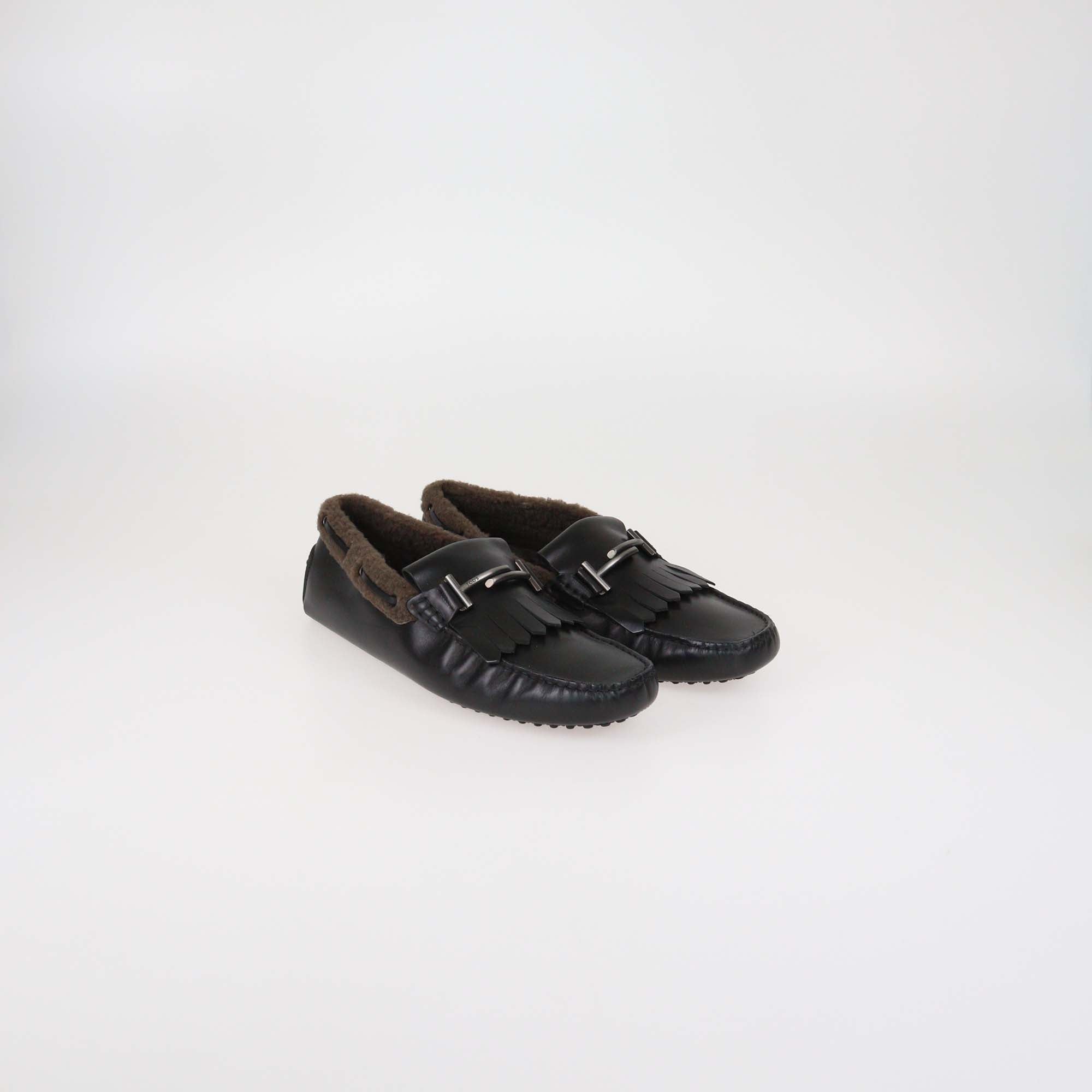 Tod's Black Leather & Fur Double T Loafers