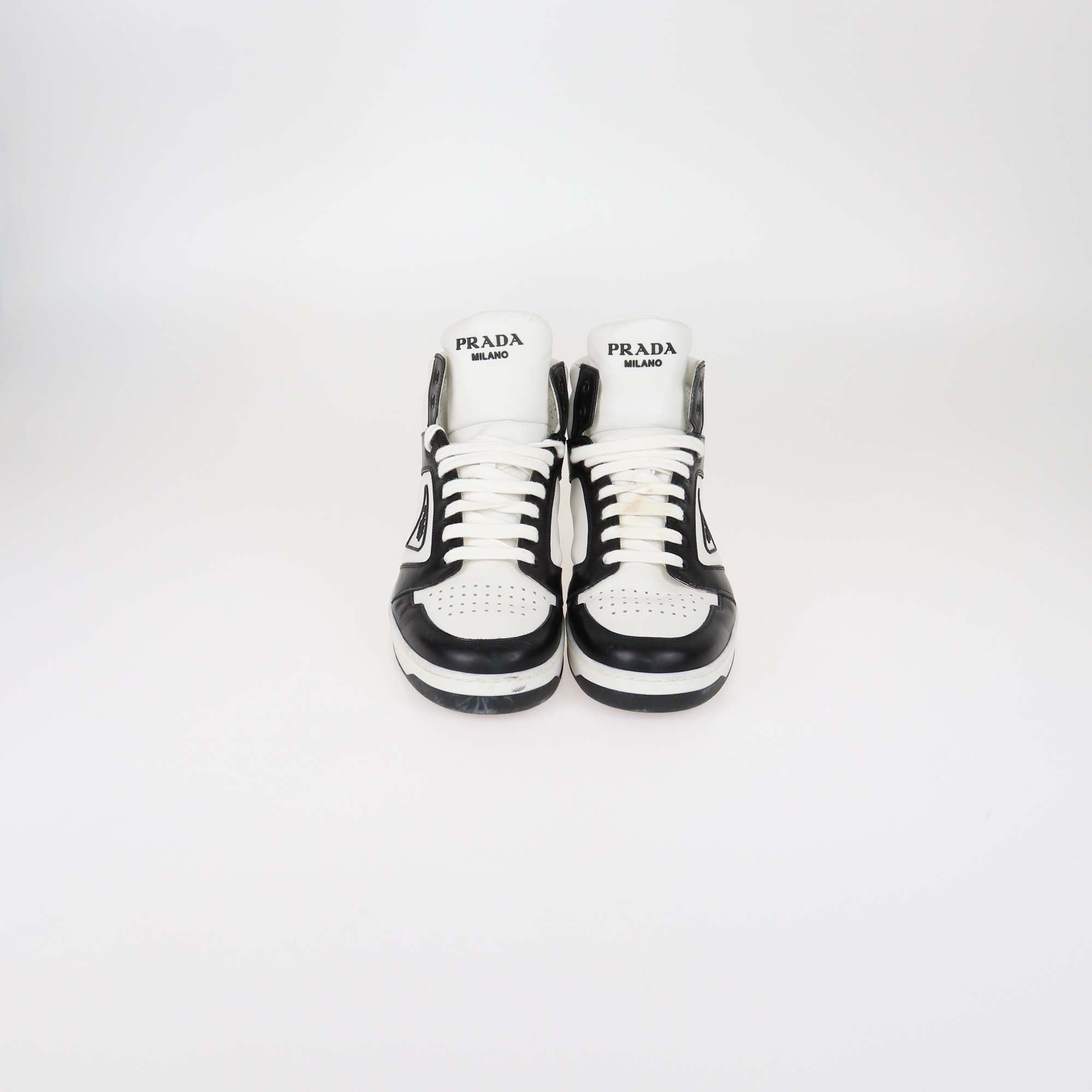 Prada White/Black Leather Avenue High Top Sneakers
