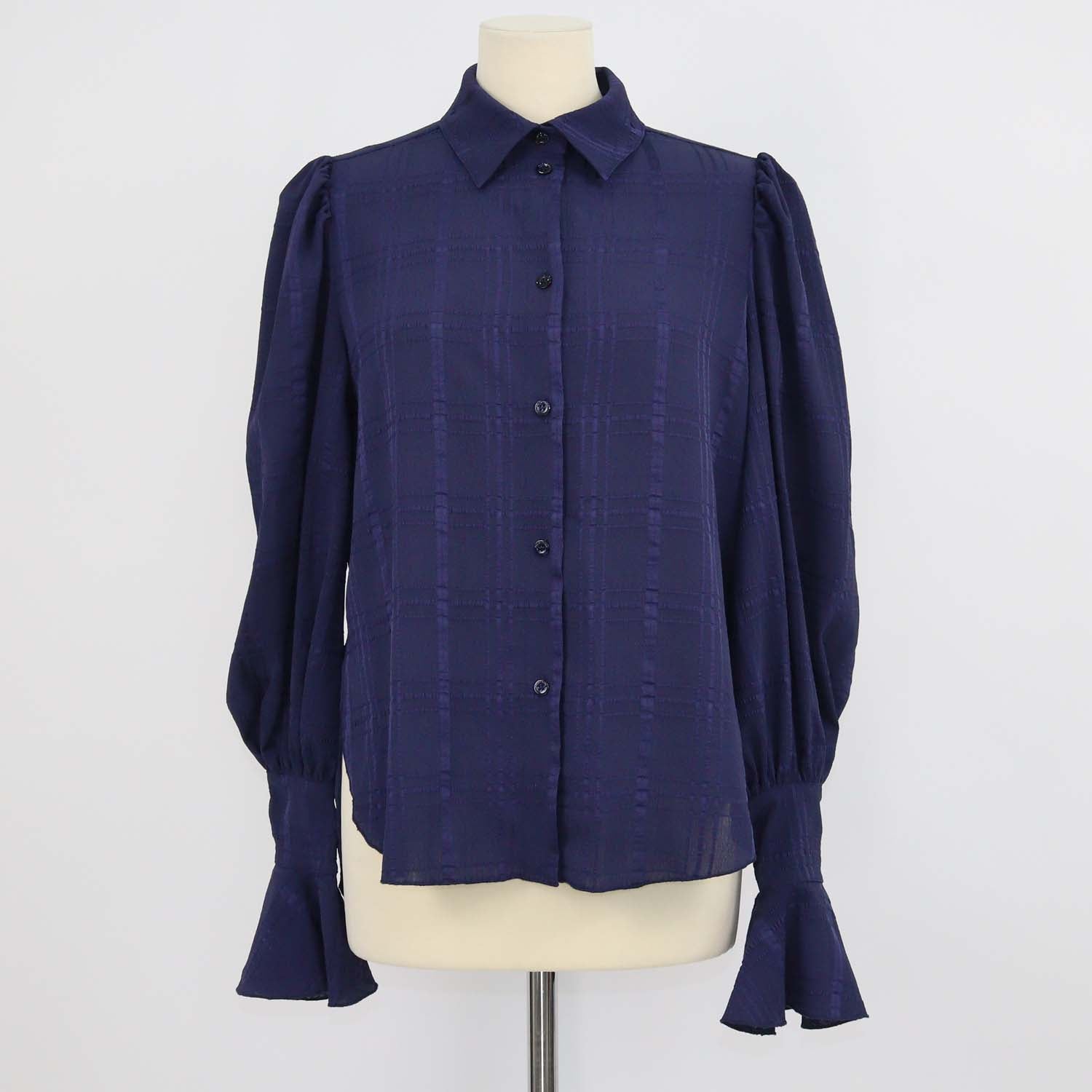 SeeByChloe Evening Blue Polyester Checked Bishop-Sleeve Shirt