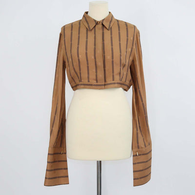 Fendi Brown Silk Striped logo Long Sleeve Crop Top