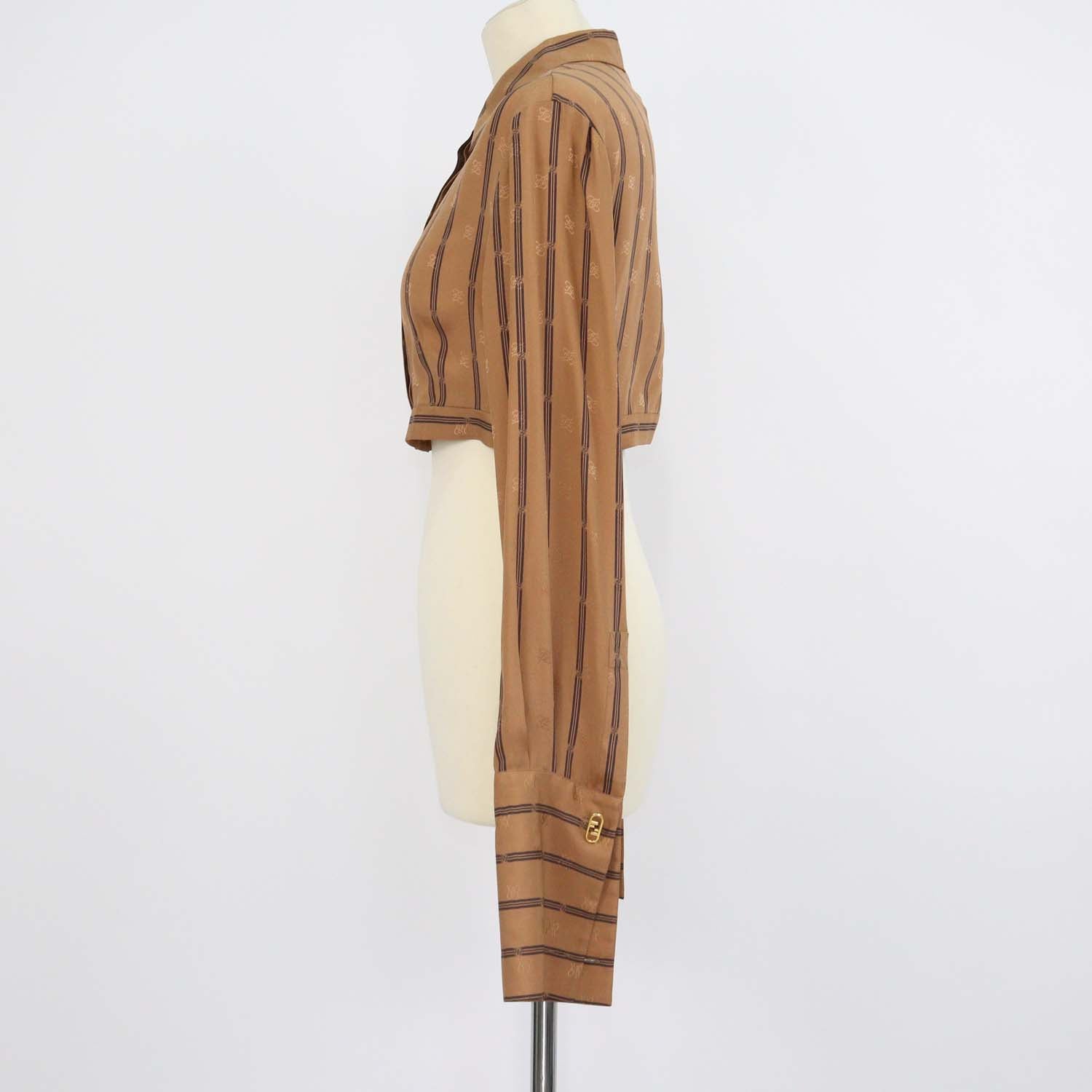 Fendi Brown Silk Striped logo Long Sleeve Crop Top