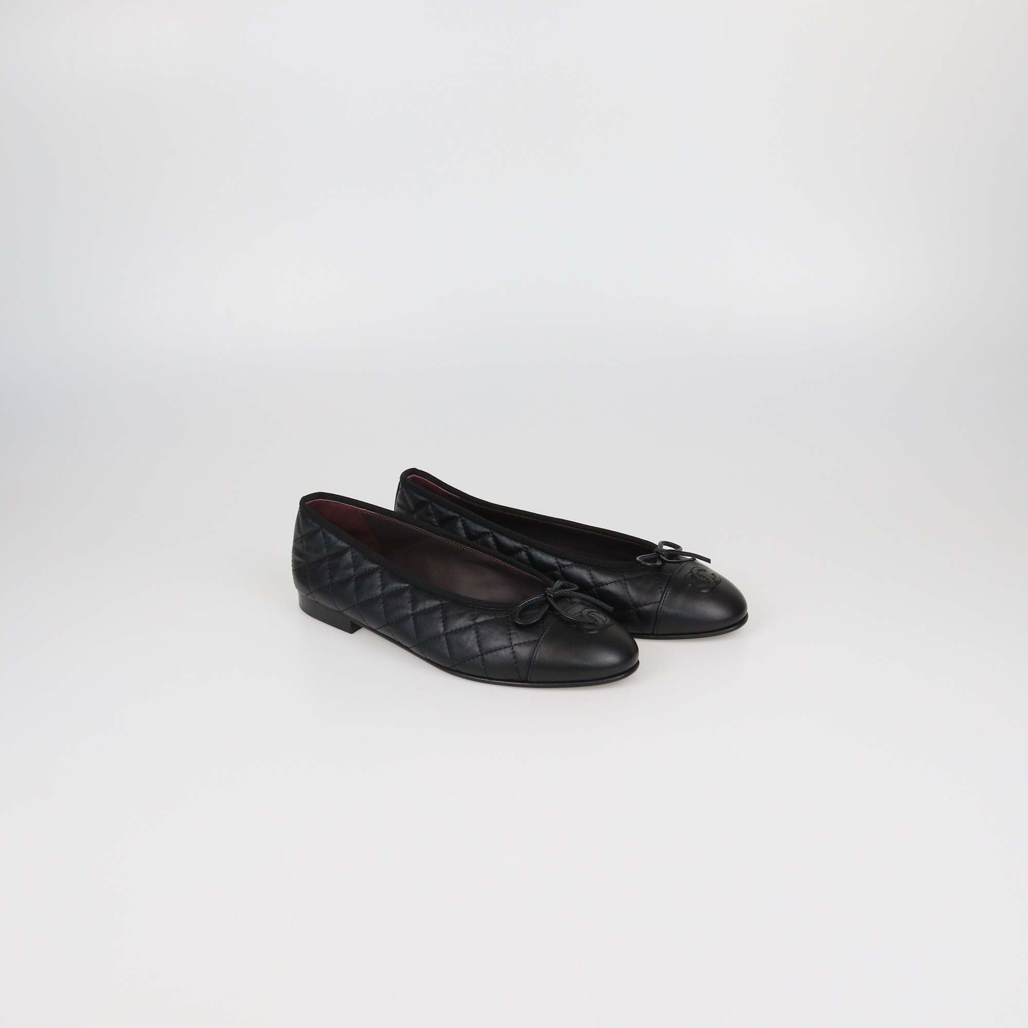 Chanel Black Quilted Leather Bow CC Cap Toe Flats