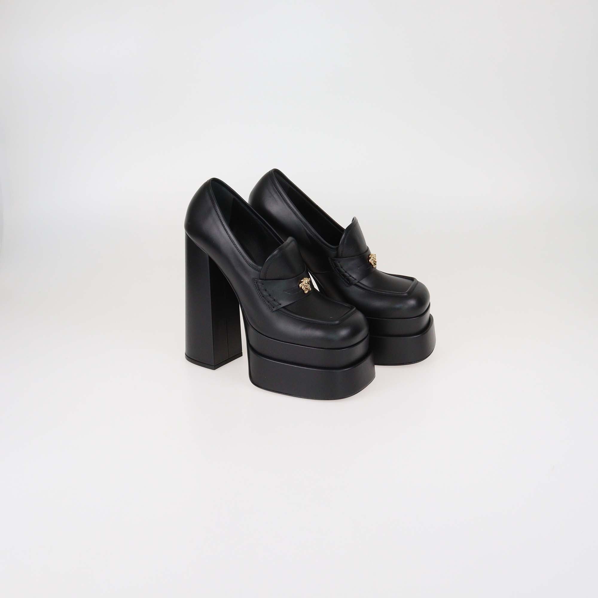 Versace Black Leather Aevitas Platform Loafers