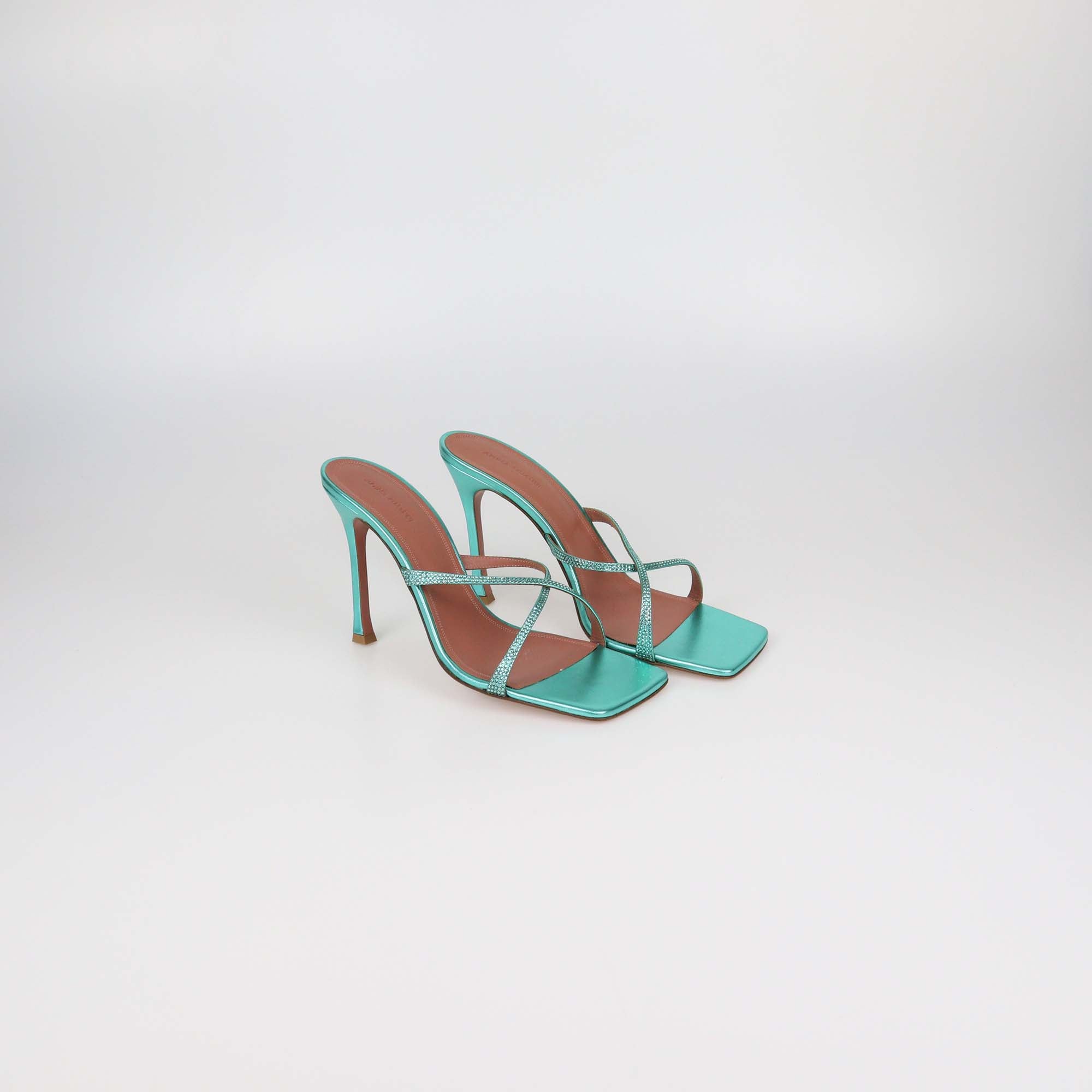 Amina Muaddi Metallic Green Leather Adrianna Crystal Slide Sandals