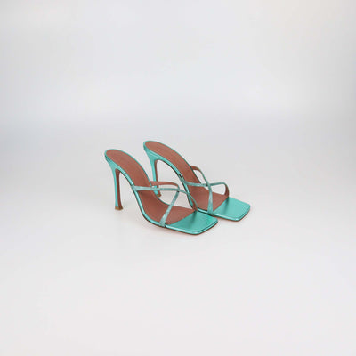 Amina Muaddi Metallic Green Leather Adrianna Crystal Slide Sandals
