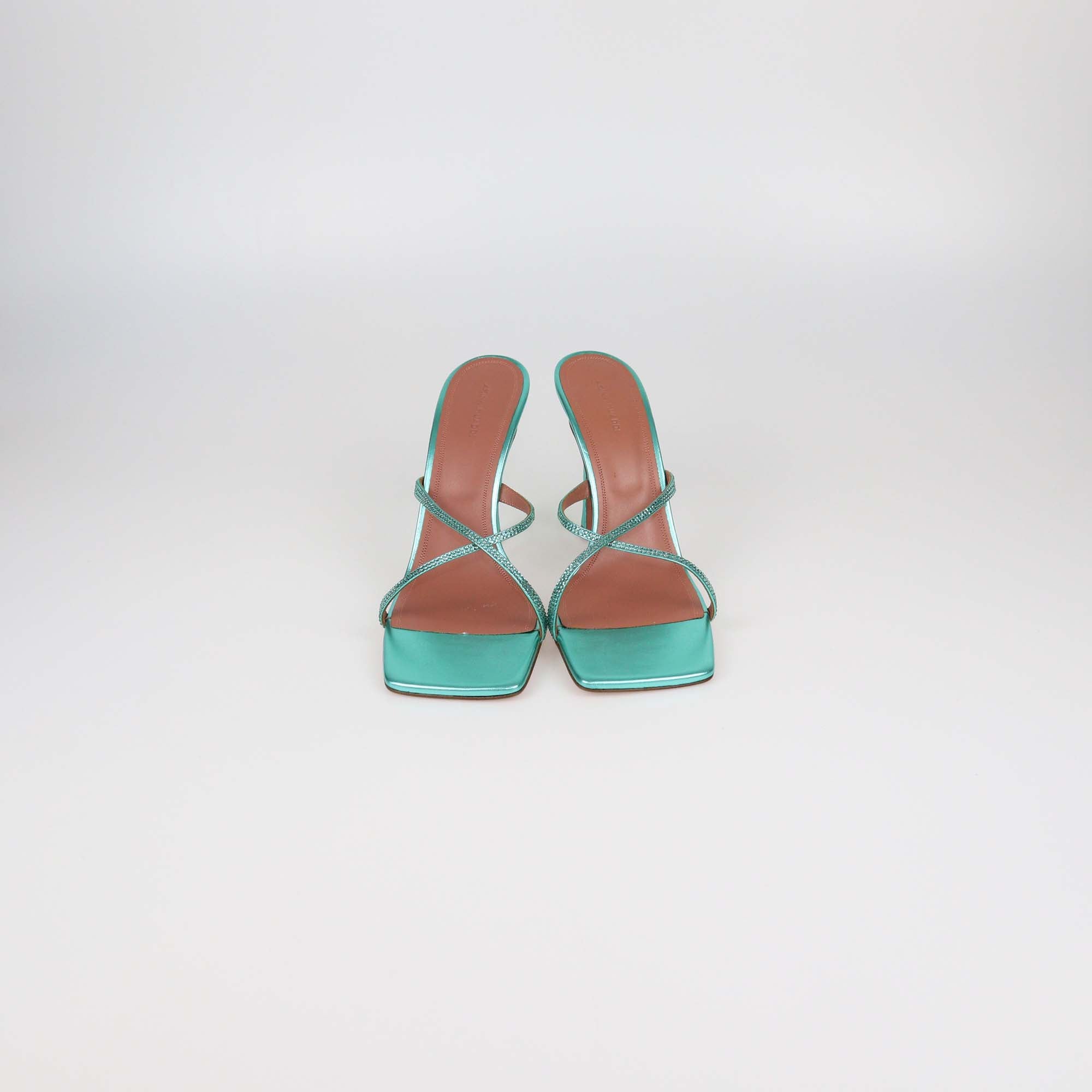 Amina Muaddi Metallic Green Leather Adrianna Crystal Slide Sandals