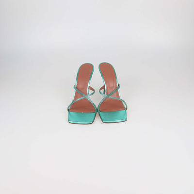 Amina Muaddi Metallic Green Leather Adrianna Crystal Slide Sandals