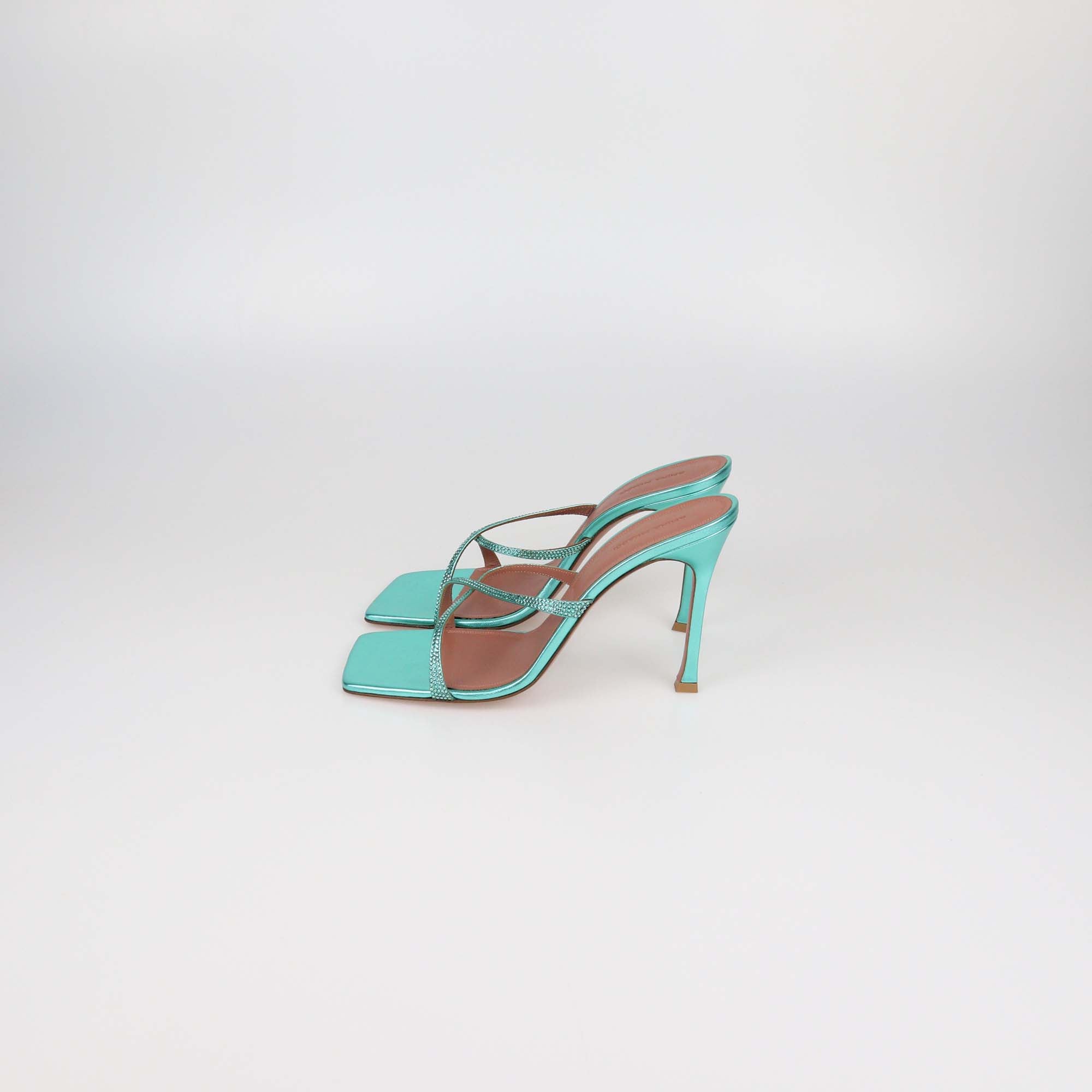 Amina Muaddi Metallic Green Leather Adrianna Crystal Slide Sandals