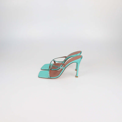 Amina Muaddi Metallic Green Leather Adrianna Crystal Slide Sandals