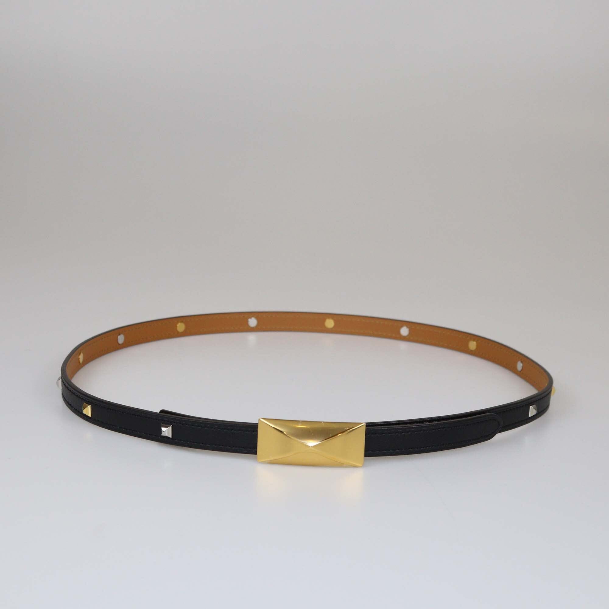 Hermes Black/Brown Studded Slim Belt Accessories Hermes 