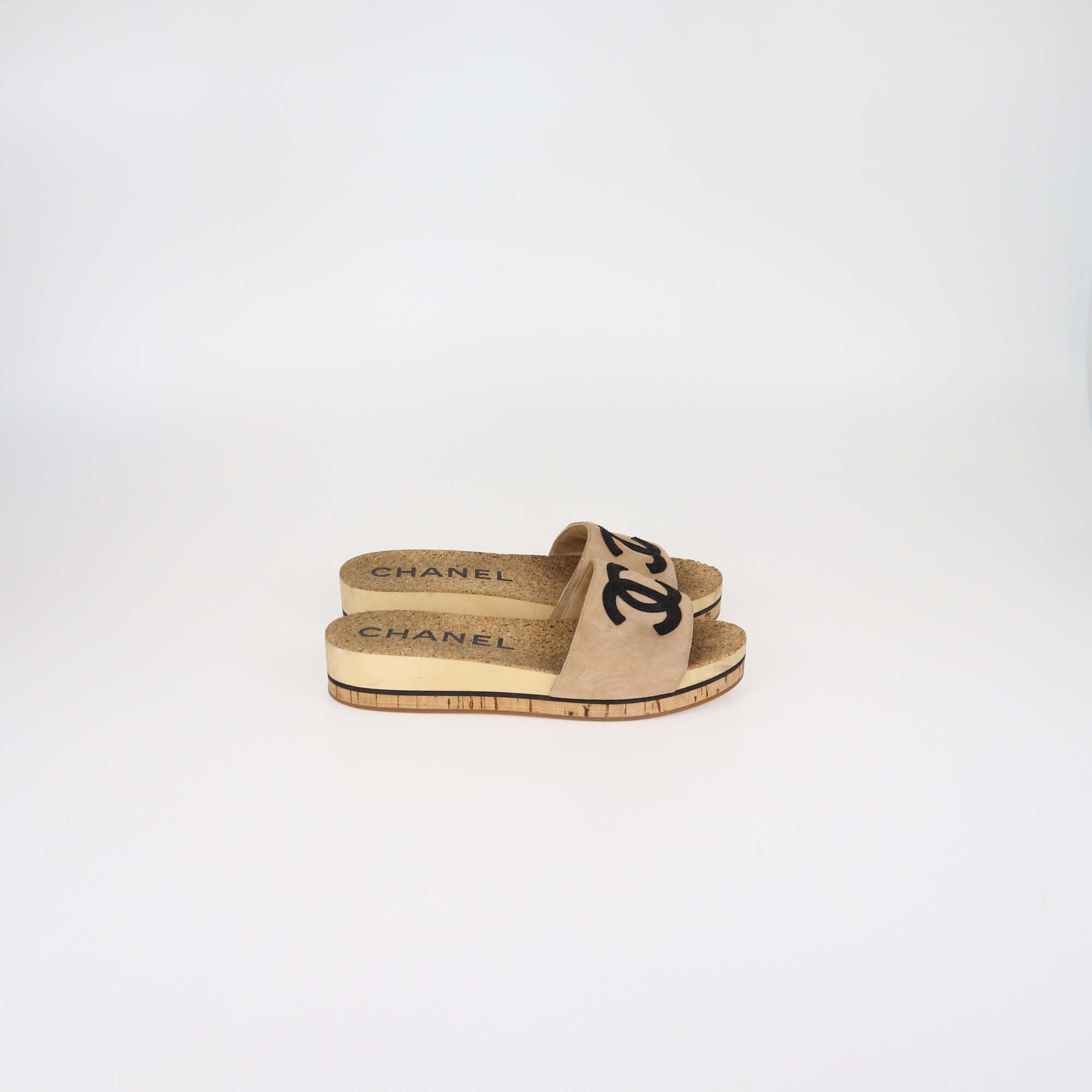 Chanel Tan/Black Suede CC Cork Mule Sandals