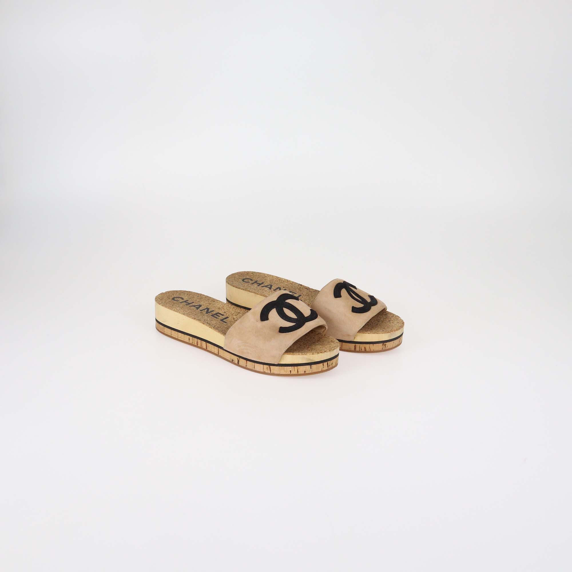 Chanel Tan/Black Suede CC Cork Mule Sandals