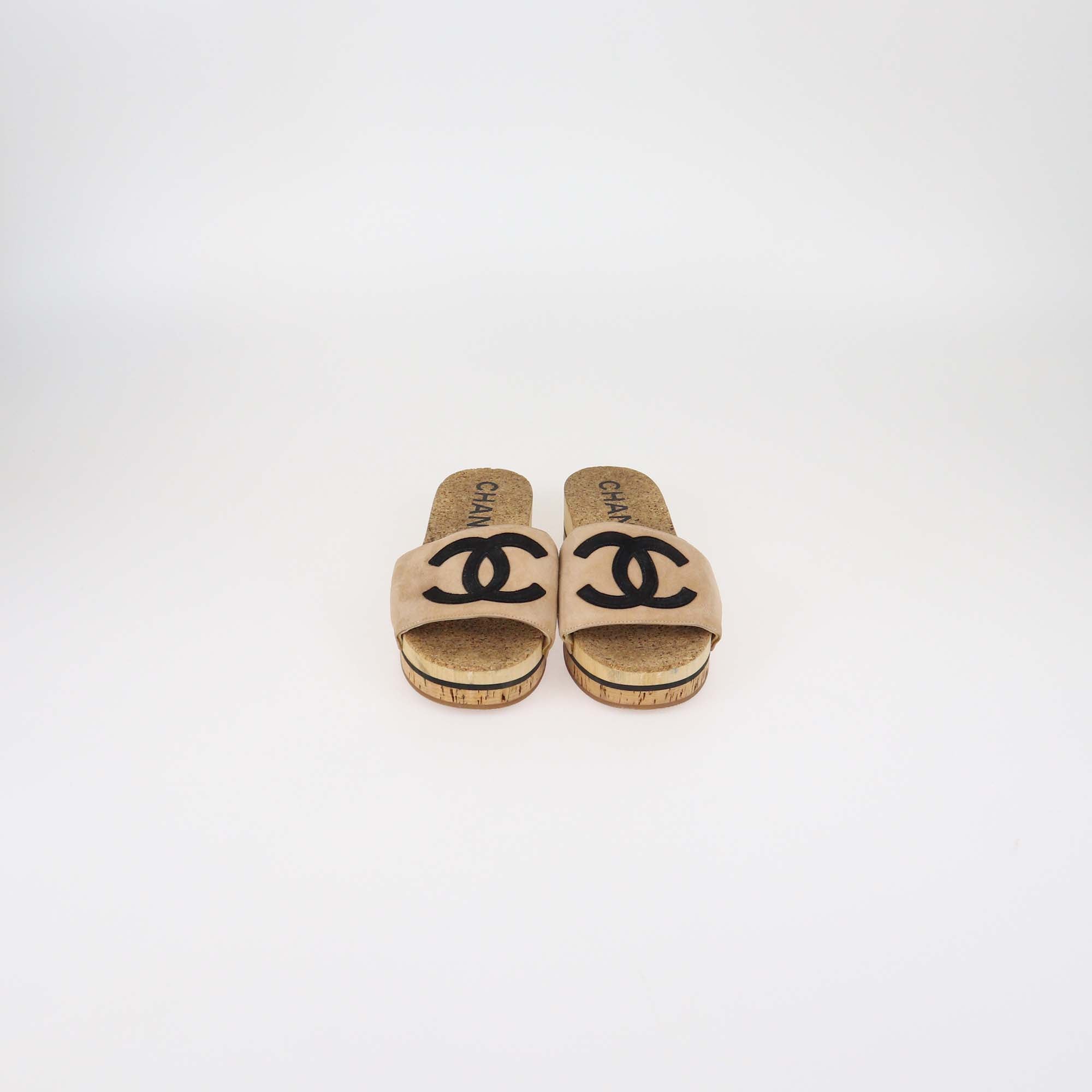 Chanel Tan/Black Suede CC Cork Mule Sandals