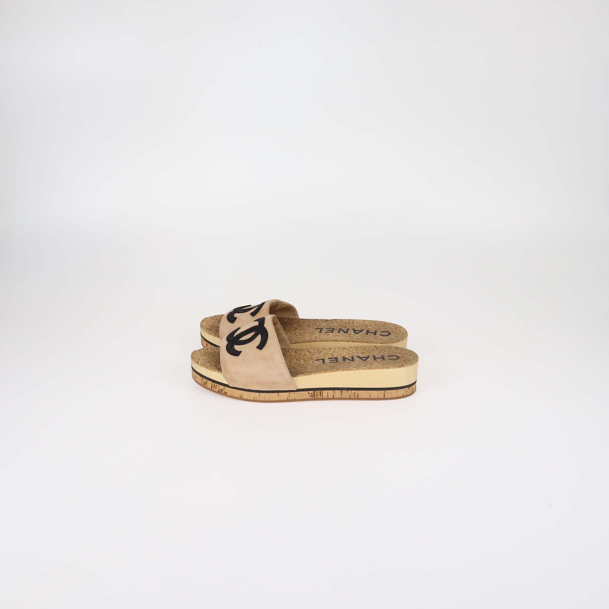Chanel Tan/Black Suede CC Cork Mule Sandals