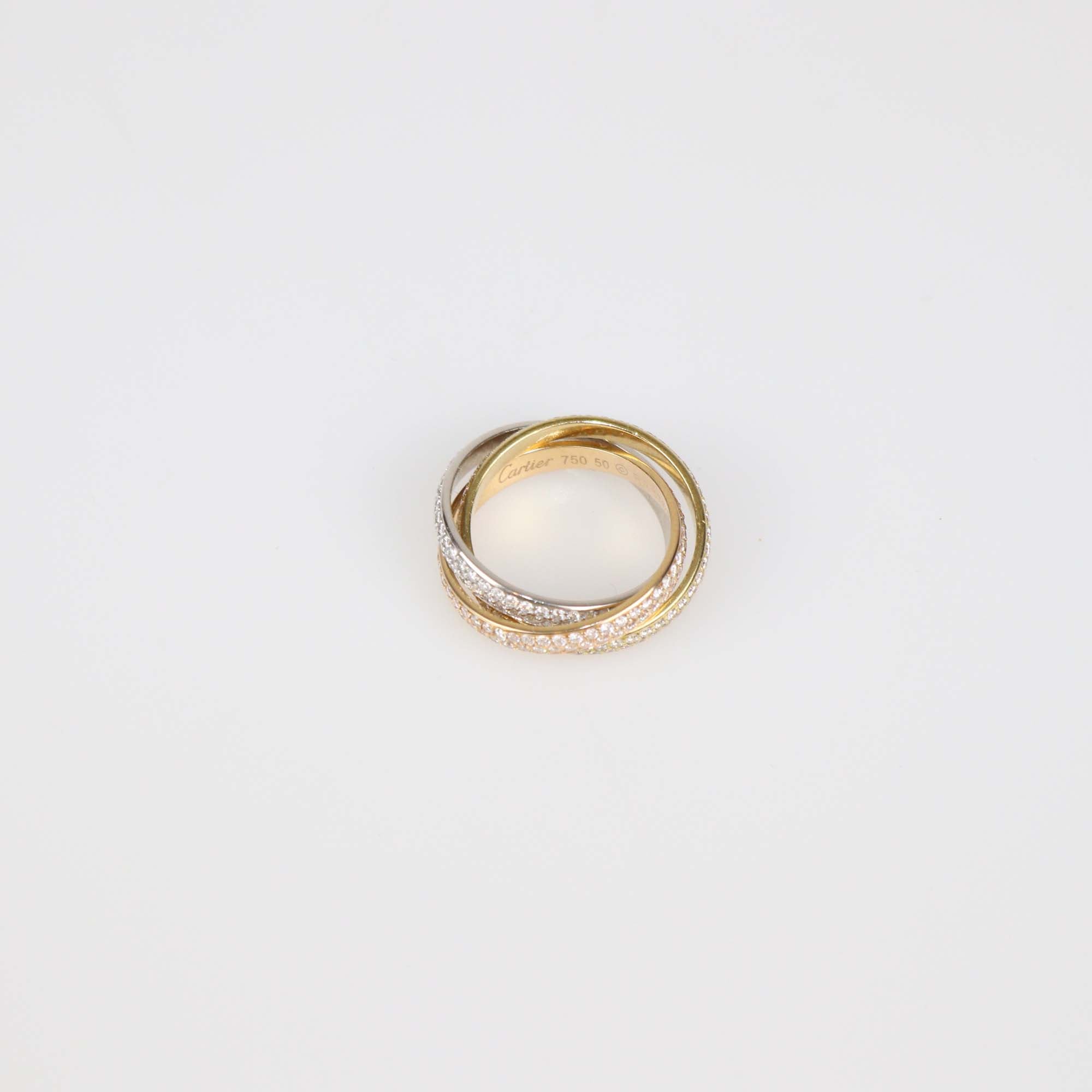 Cartier 18K Three-Tone Gold Trinity Diamond Paved Ring Size 50