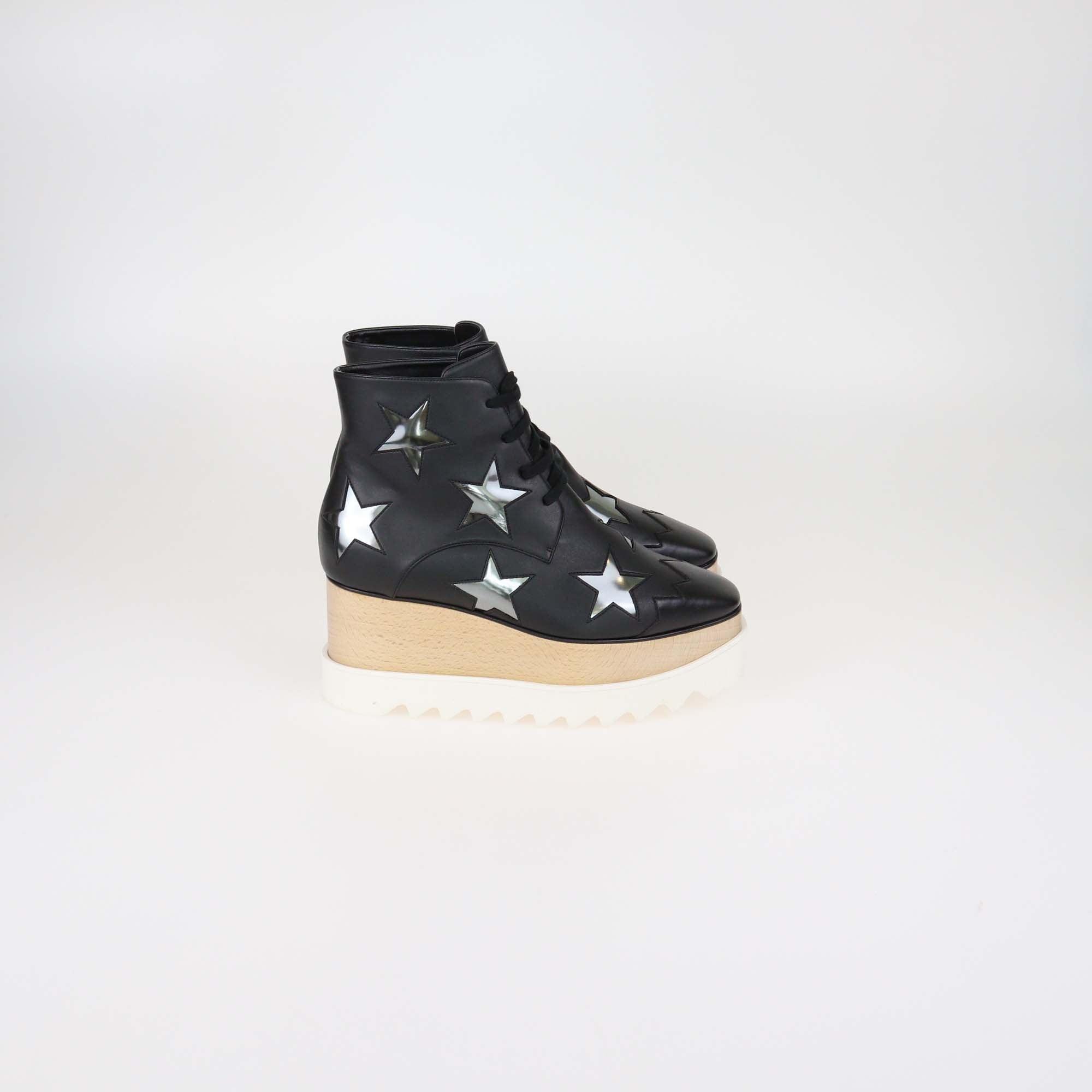 Stella McCartney Black Faux Leather Elyse Star Tie Up Platform Sneakers
