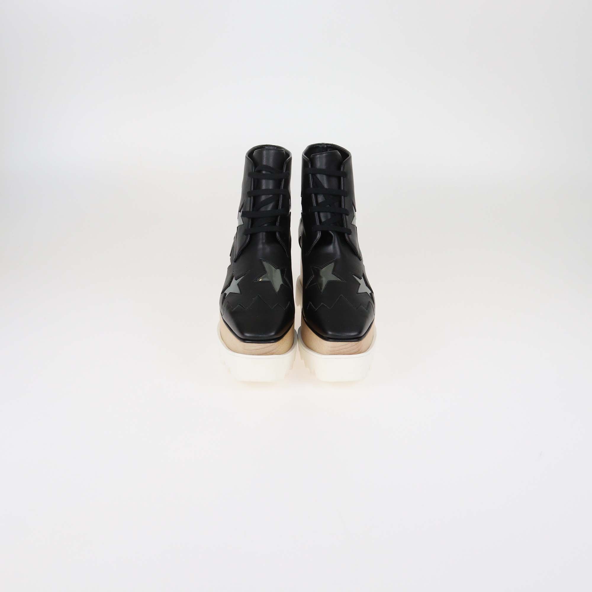 Stella McCartney Black Faux Leather Elyse Star Tie Up Platform Sneakers