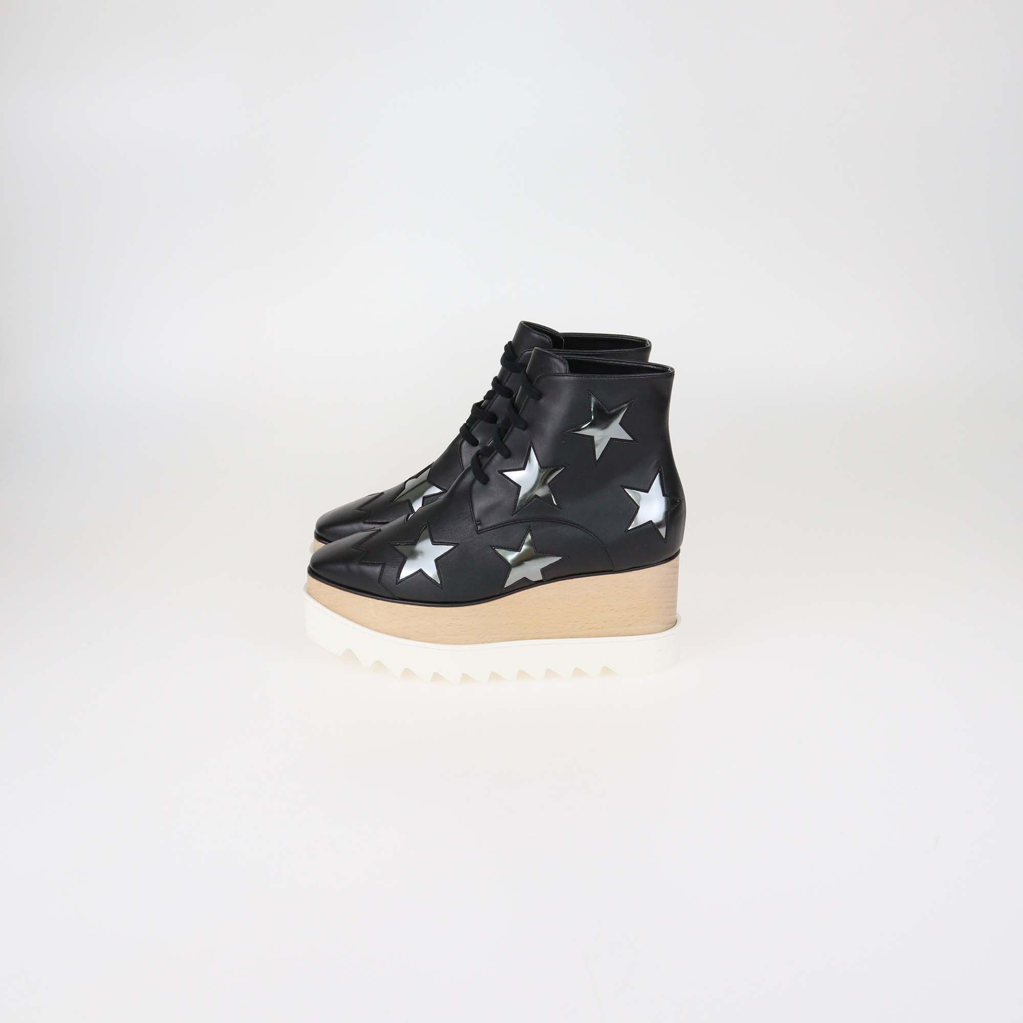 Stella McCartney Black Faux Leather Elyse Star Tie Up Platform Sneakers