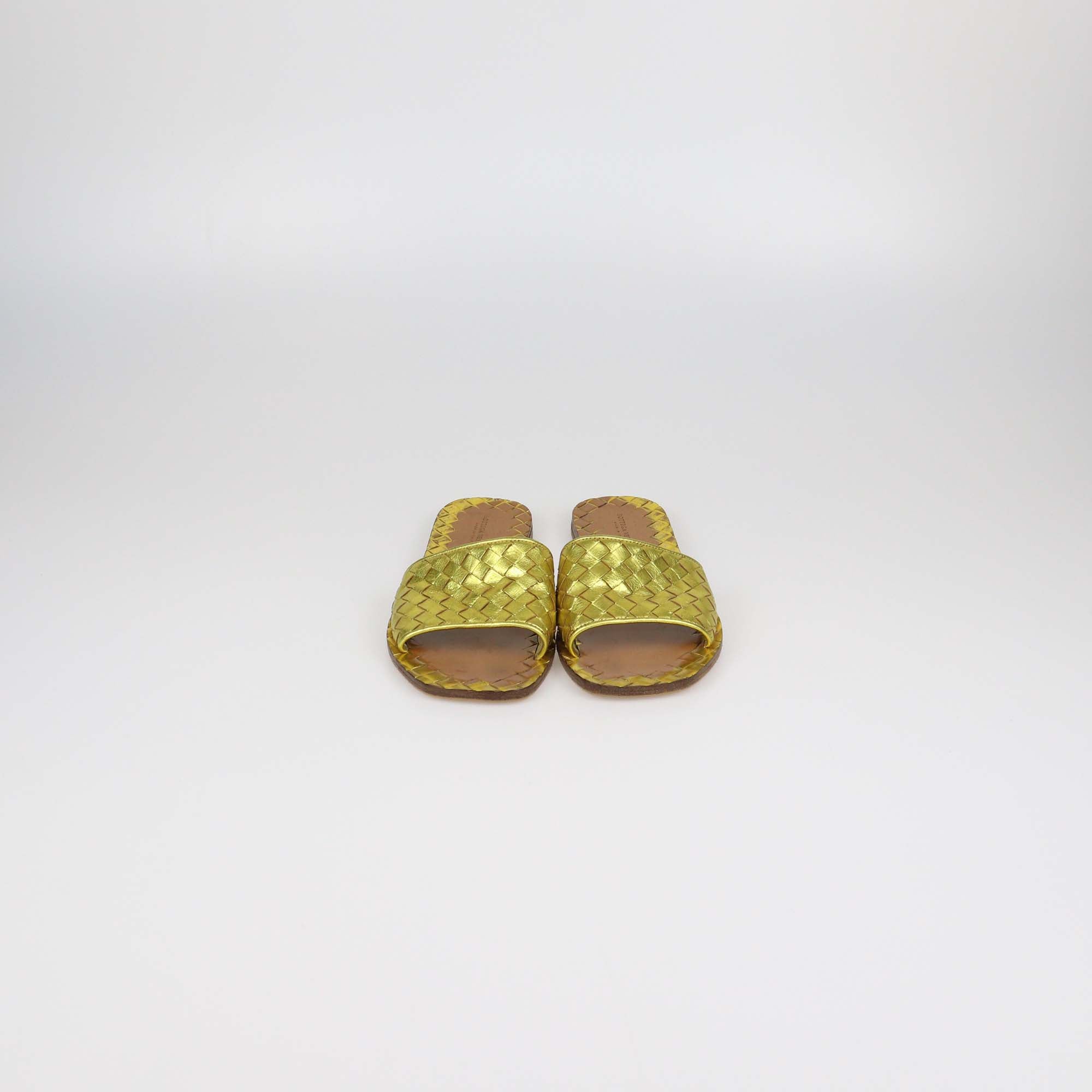Bottega Veneta Gold Intrecciato Leather Ravello Flats