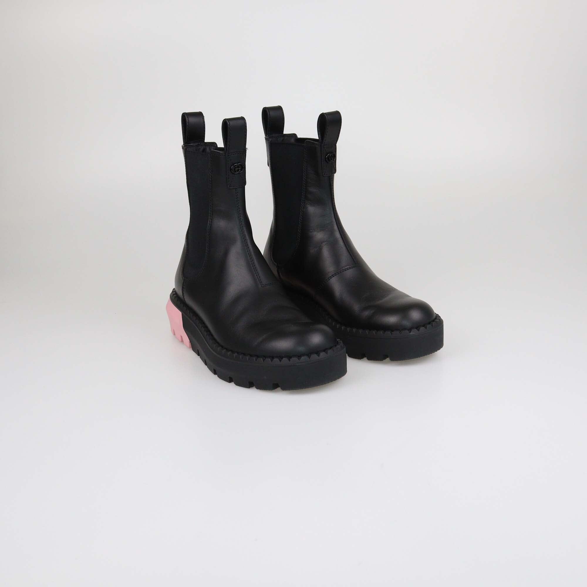 Gucci Black/Pink Interlocking G Chelsea Ankle Boots Womens Gucci 