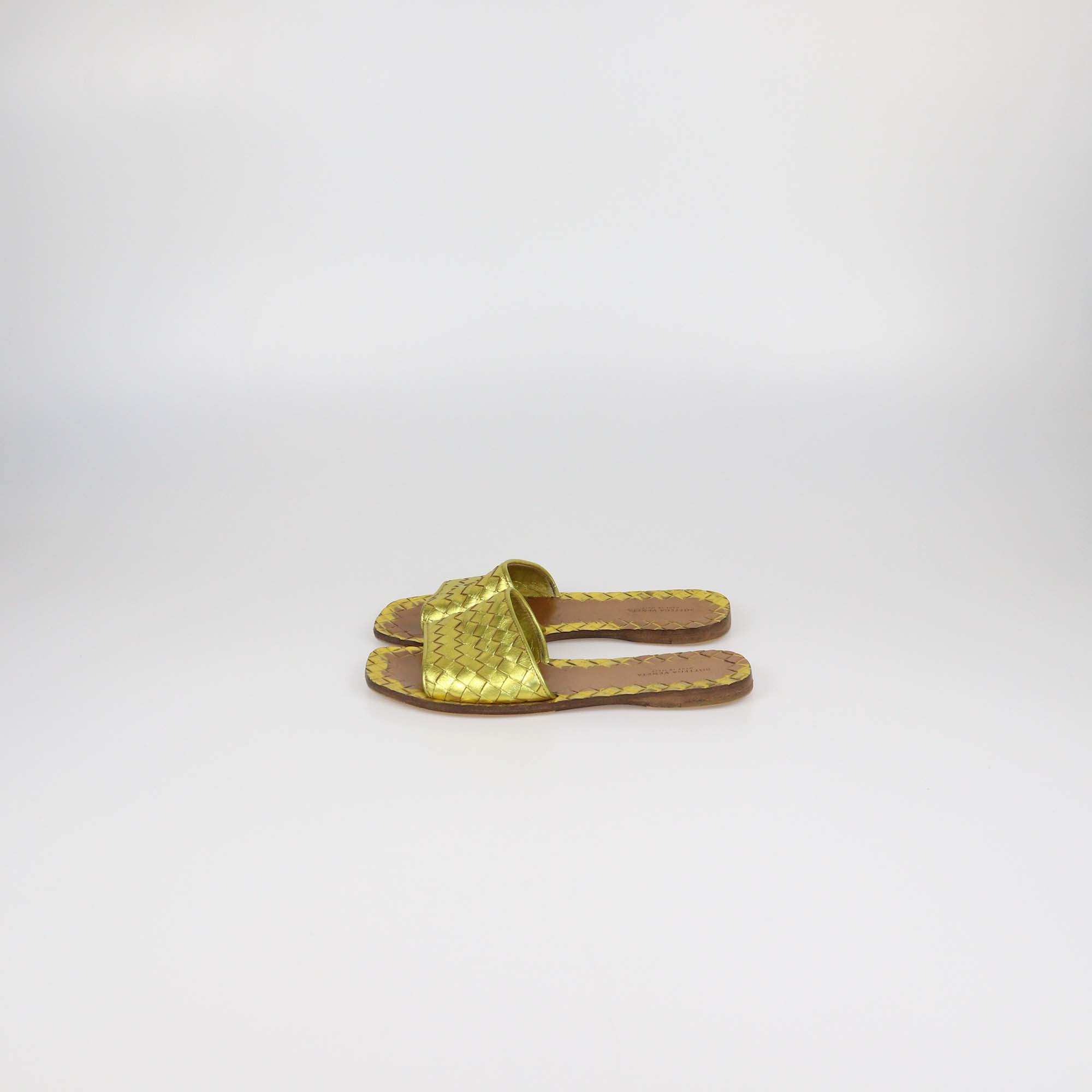 Bottega Veneta Gold Intrecciato Leather Ravello Flats