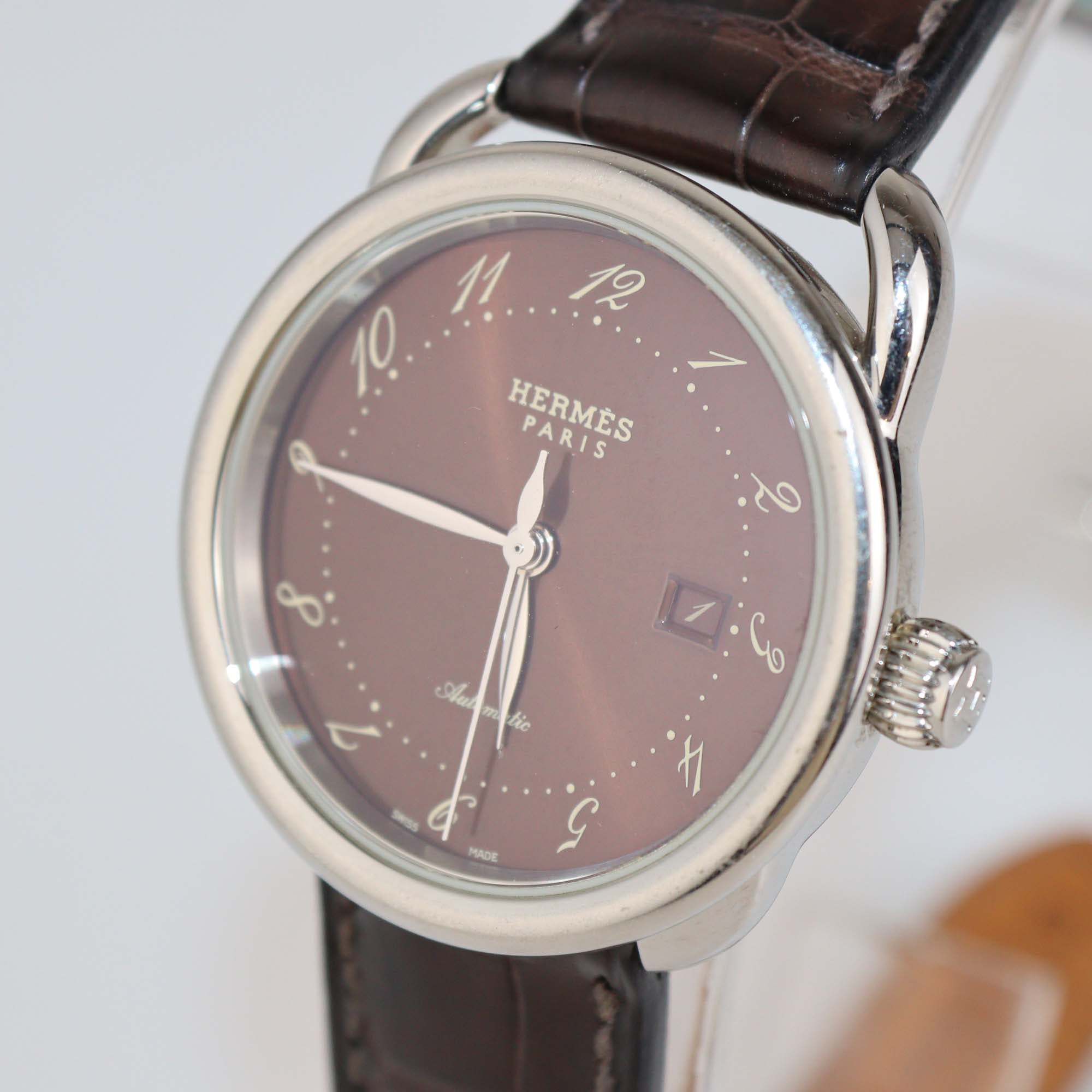 Hermes Brown Stainless Steel Alligator Leather Arceau 32 mm Watch