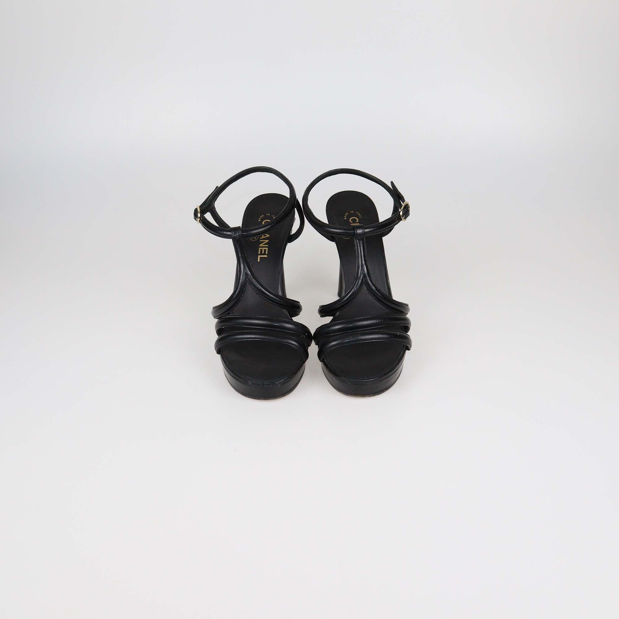 Chanel Black Patent Leather Parthenon Grecian Platform Sandals
