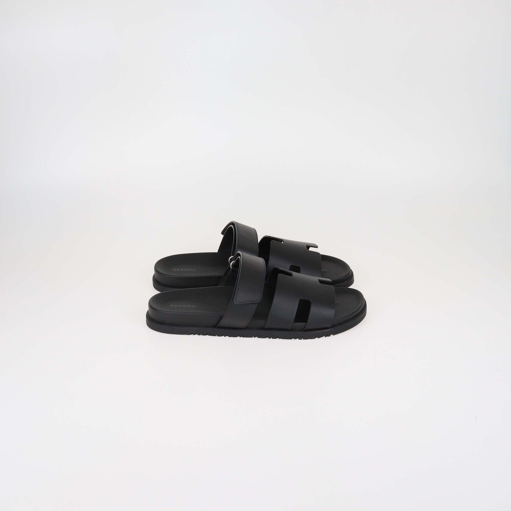 Hermes Black Leather Chypre Sandals