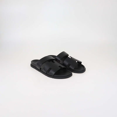 Hermes Black Leather Chypre Sandals
