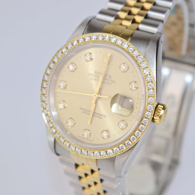 Rolex 18K Yellow Gold Stainless Steel Champagne Dial Diamond Datejust 36 mm Watch
