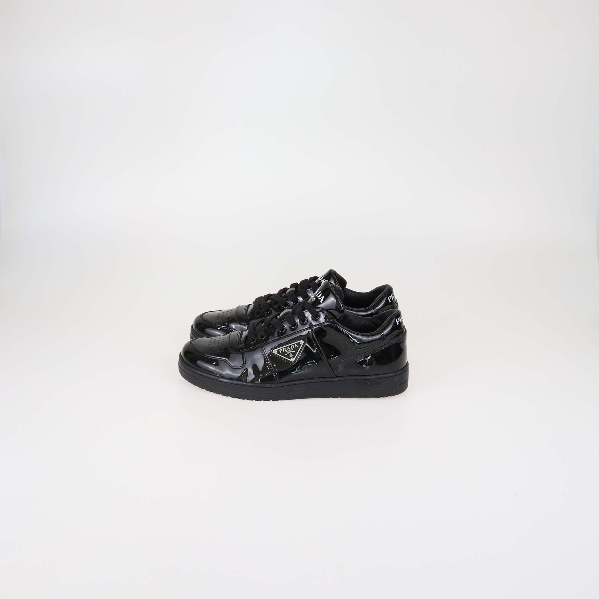 Prada Black Patent Leather Downtown Low Top Sneakers