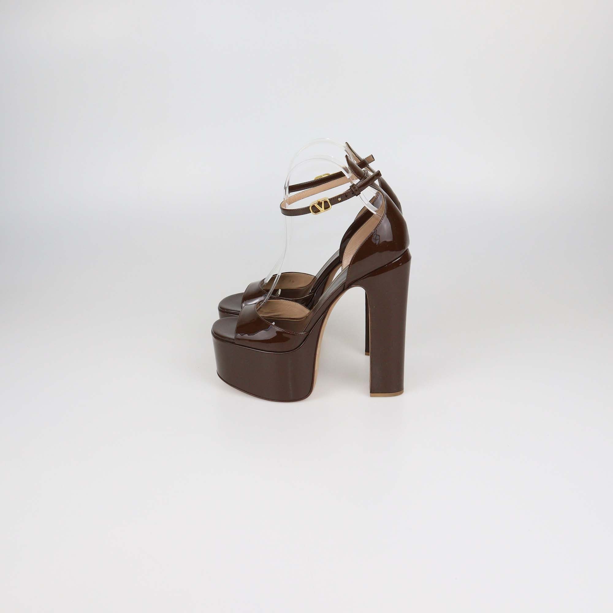 Valentino Brown Patent Leather Platform Ankle Strap Sandals