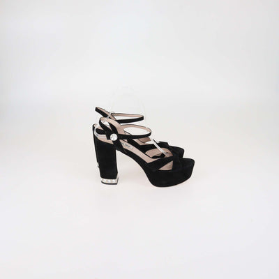 Miu Miu Black Suede Crystal Heeled Platform Ankle Strap Sandals