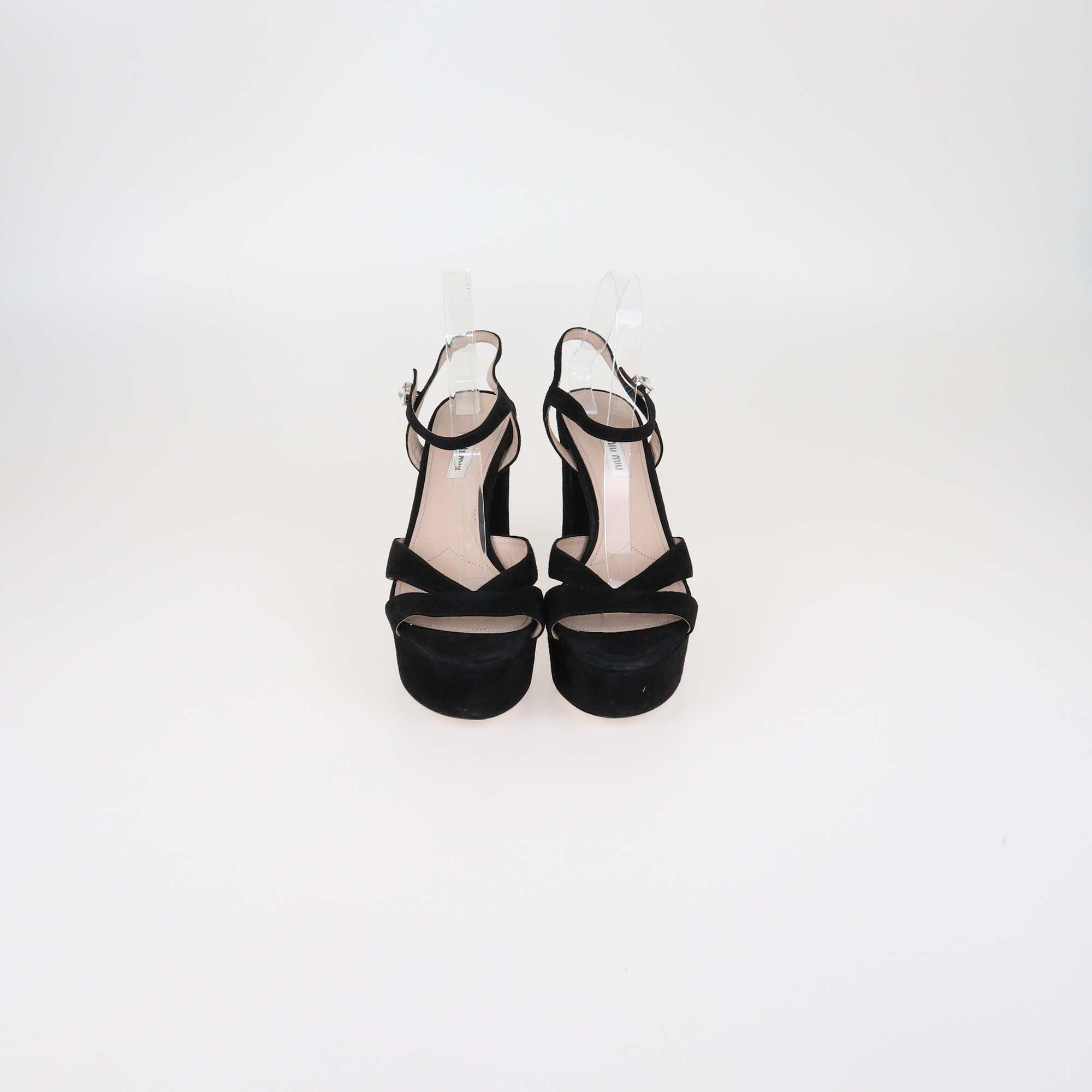 Miu Miu Black Suede Crystal Heeled Platform Ankle Strap Sandals