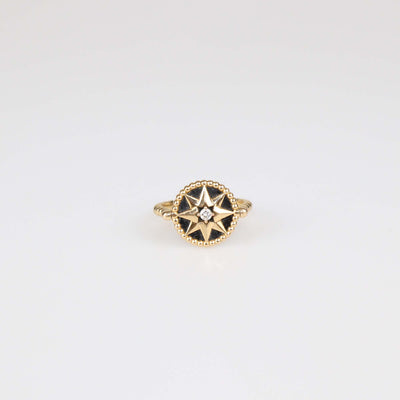 Christian Dior 18K Yellow Gold Diamond Onyx Rose Des Vents Ring Size 50